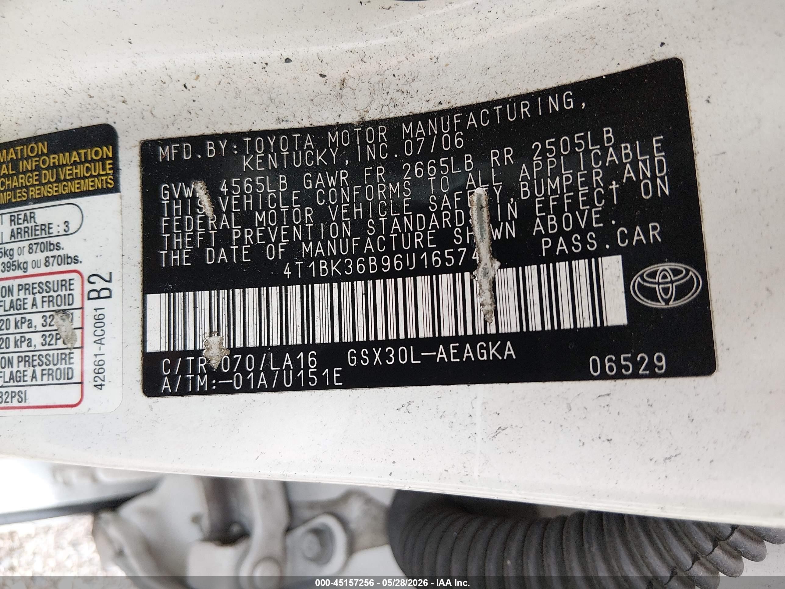 2006 Toyota Avalon Xls White vin: 4T1BK36B96U165748
