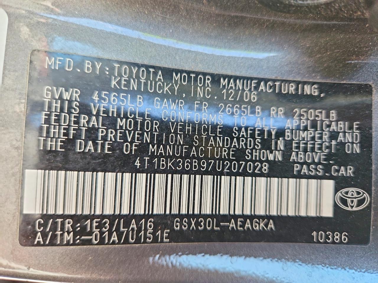 2007 Toyota Avalon Xls Gray vin: 4T1BK36B97U207028