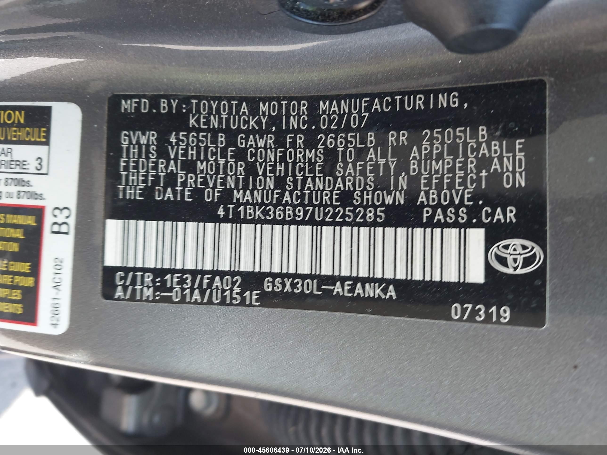 2007 Toyota Avalon Xl Gray vin: 4T1BK36B97U225285