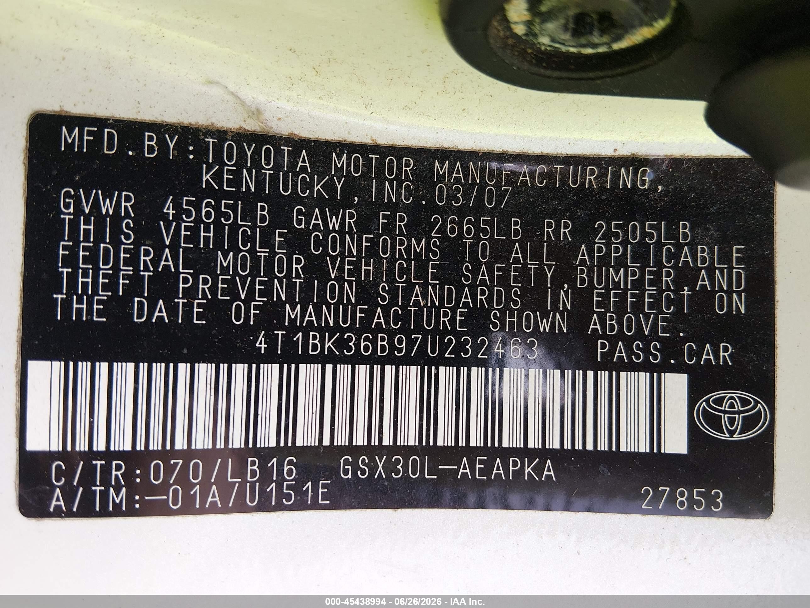 2007 Toyota Avalon Limited White vin: 4T1BK36B97U232463