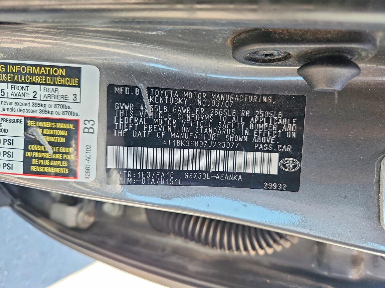 2007 Toyota Avalon Xl Gray vin: 4T1BK36B97U233077