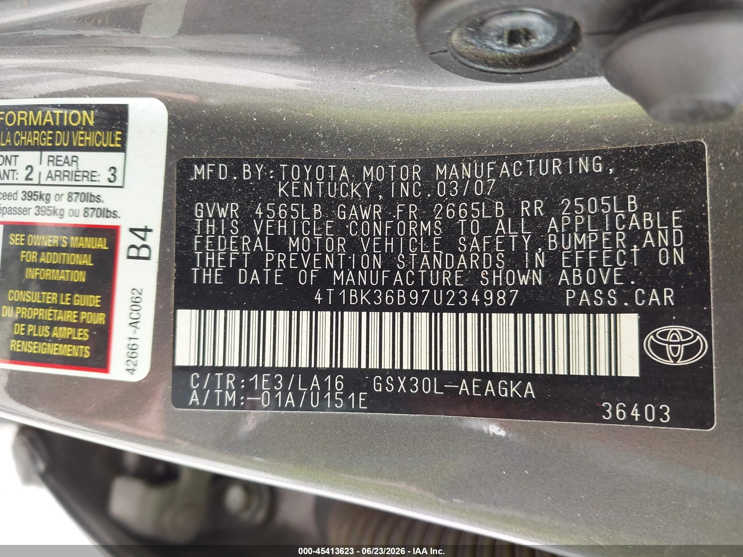 2007 Toyota Avalon Xls Gray vin: 4T1BK36B97U234987