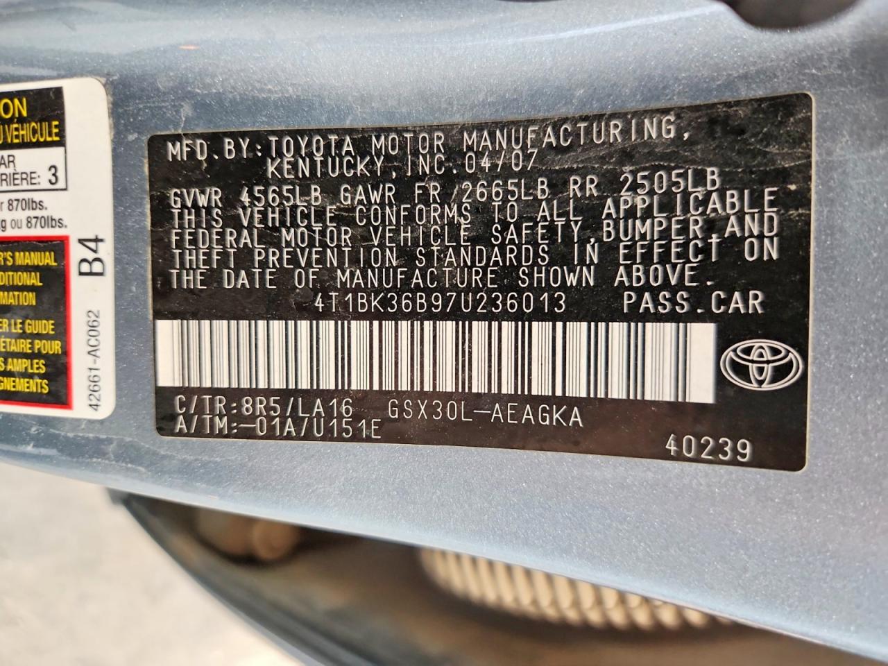 2007 Toyota Avalon Xls Blue vin: 4T1BK36B97U236013