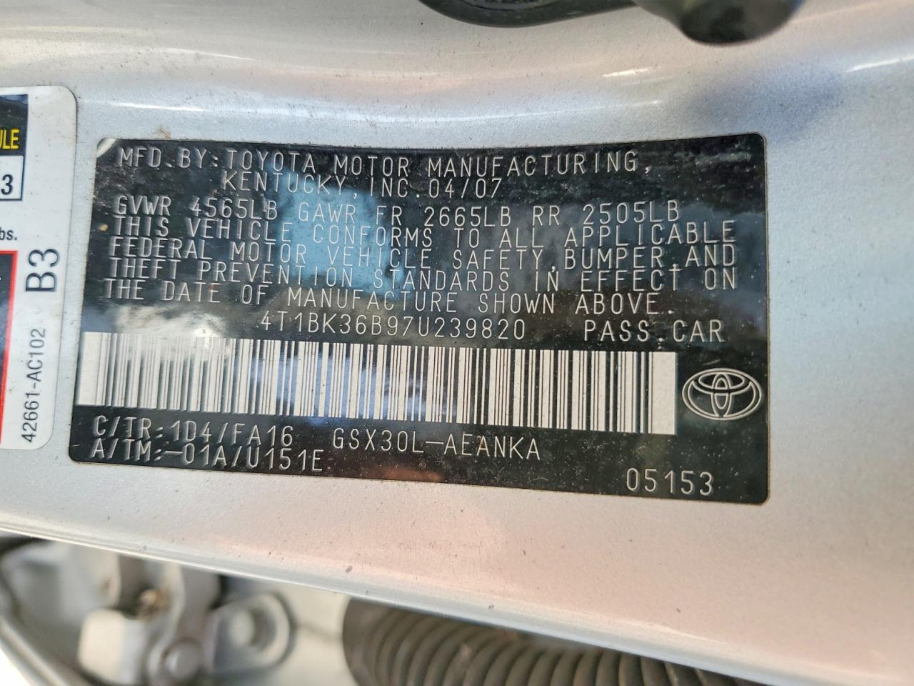 2007 Toyota Avalon Xl Silver vin: 4T1BK36B97U239820