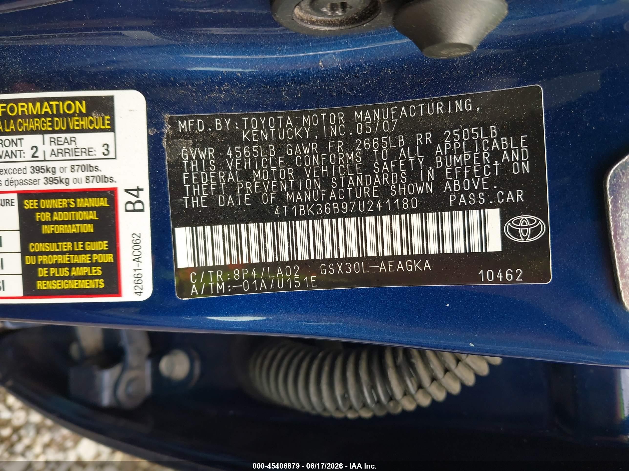 2007 Toyota Avalon Xls Dark Blue vin: 4T1BK36B97U241180
