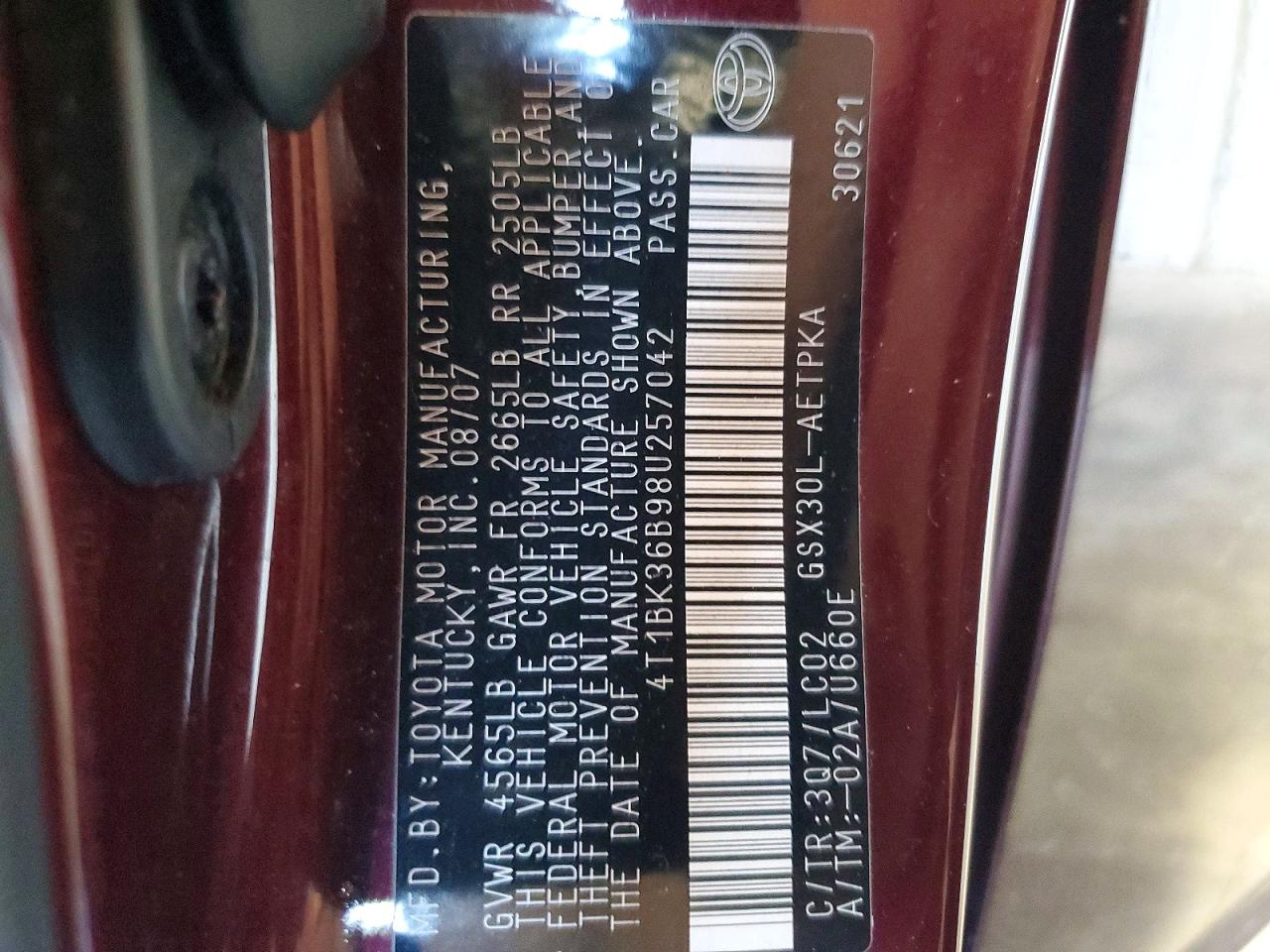 2008 Toyota Avalon Limited Burgundy vin: 4T1BK36B98U257042