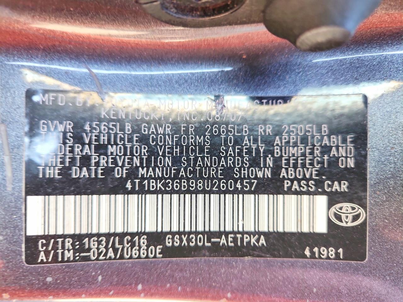 2008 Toyota Avalon Limited Charcoal vin: 4T1BK36B98U260457