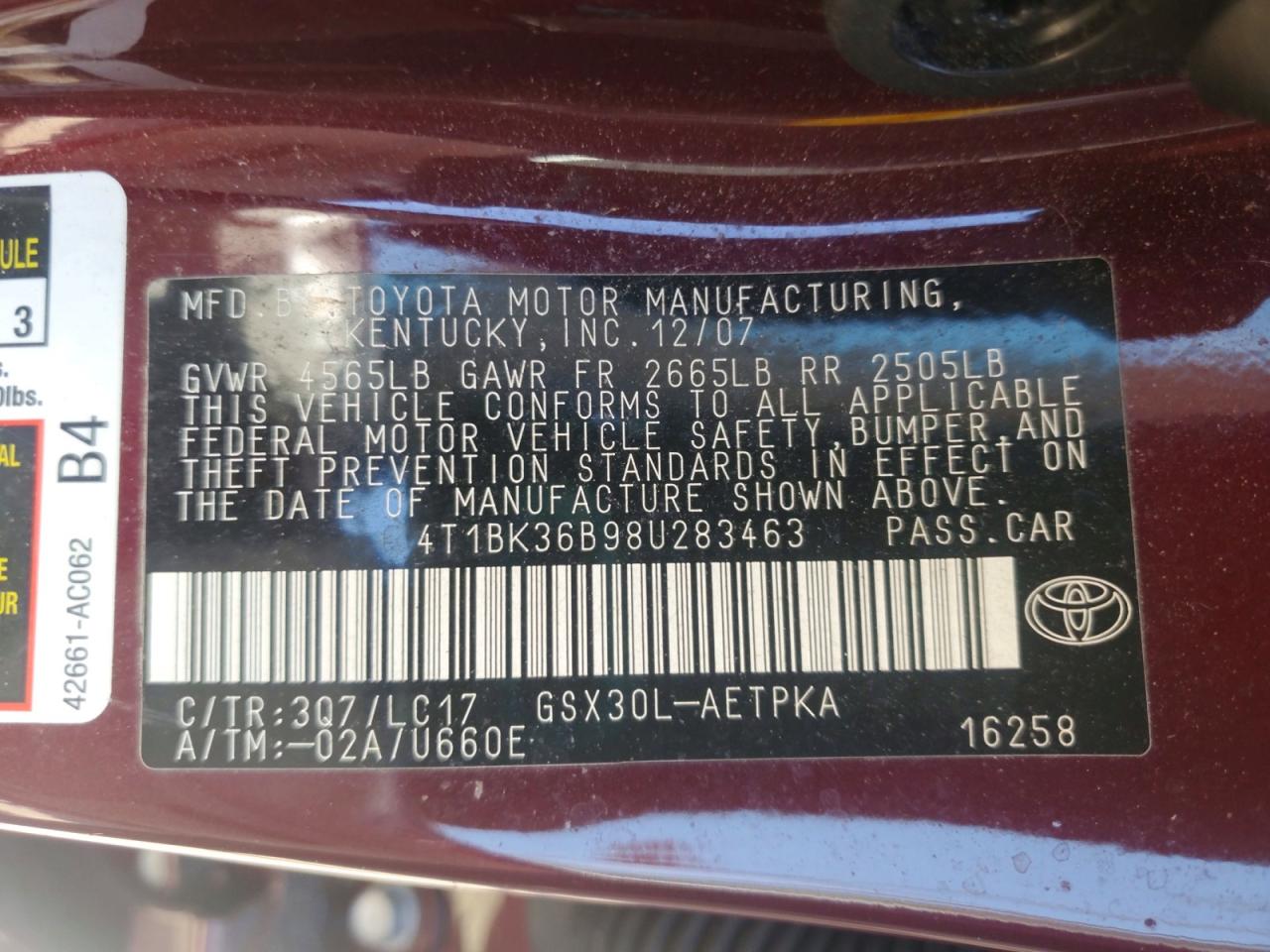 2008 Toyota Avalon Burgundy vin: 4T1BK36B98U283463