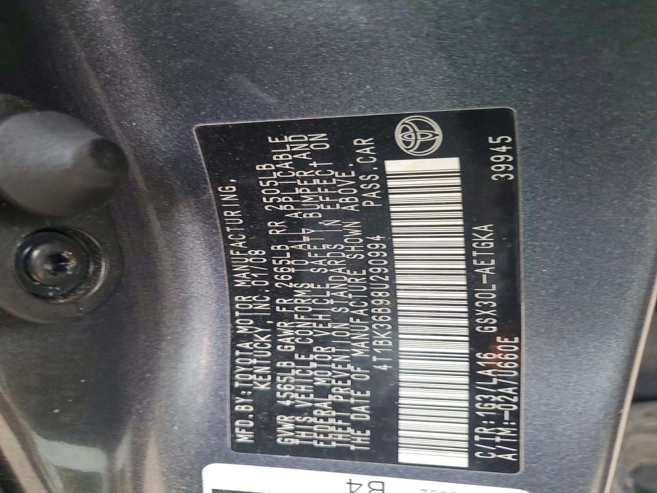 2008 Toyota Avalon Xls Gray vin: 4T1BK36B98U290994