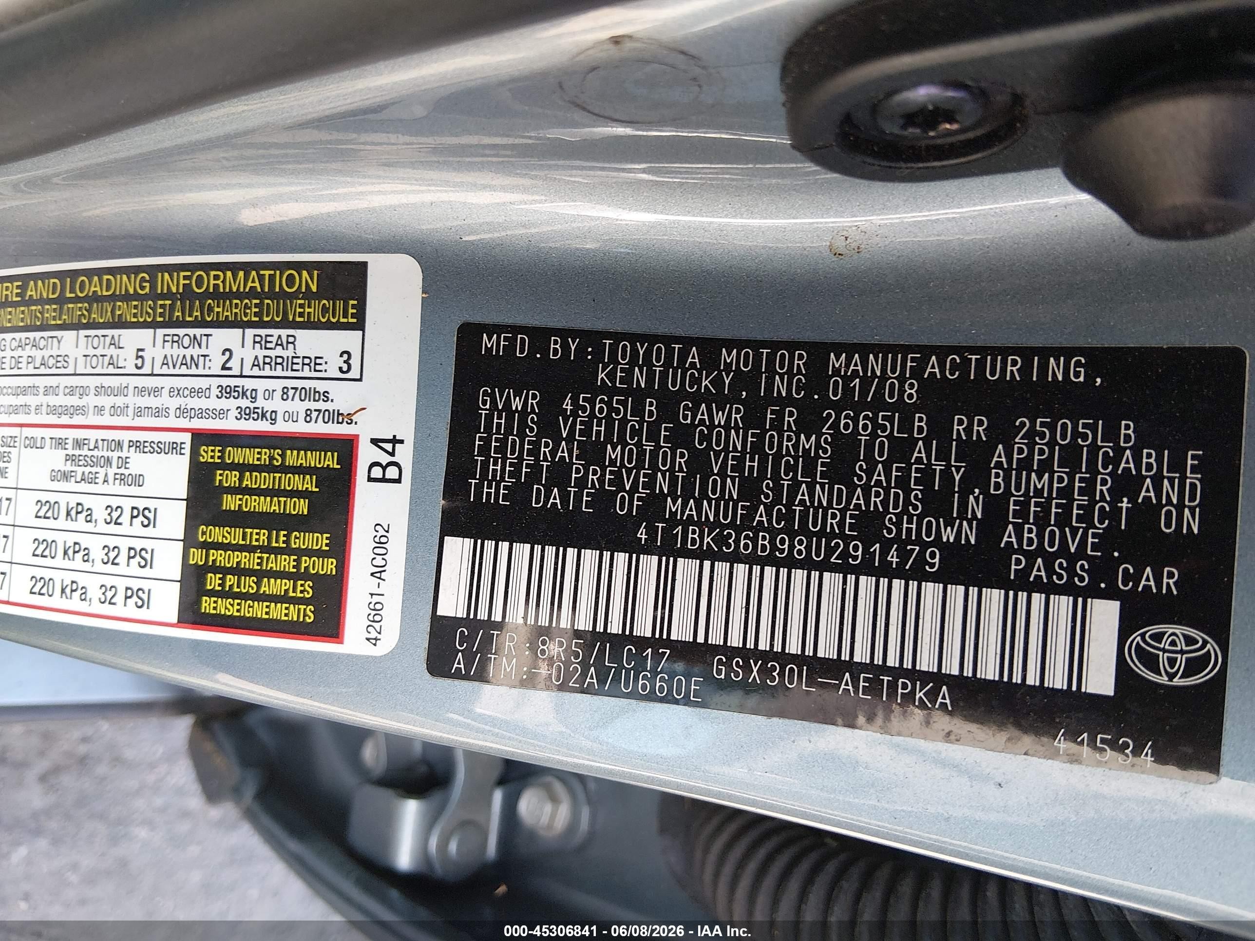 2008 Toyota Avalon Limited Light Blue vin: 4T1BK36B98U291479