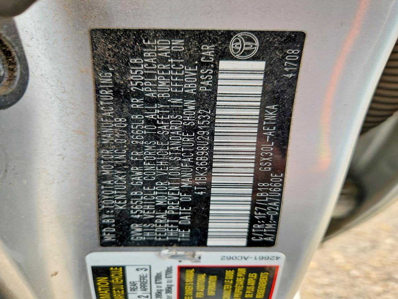 2008 Toyota Avalon Touring Silver vin: 4T1BK36B98U291532
