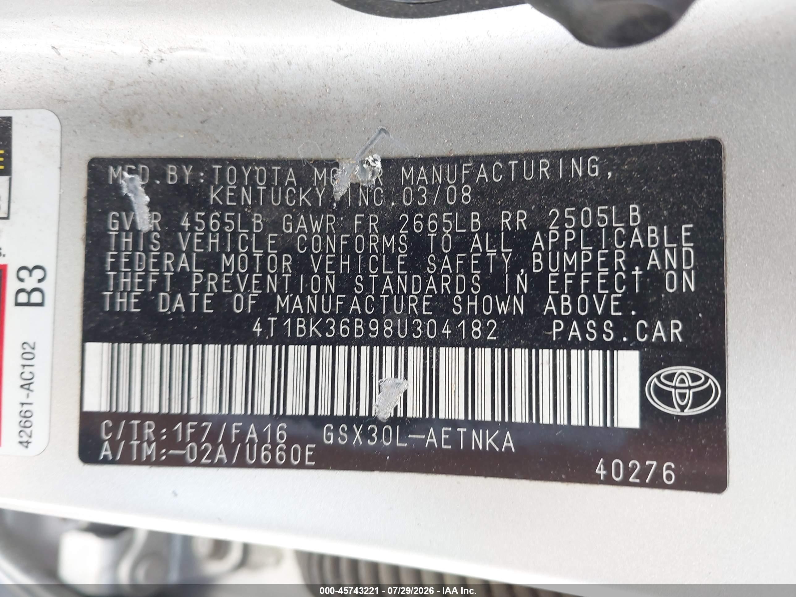 2008 Toyota Avalon Xl Silver vin: 4T1BK36B98U304182