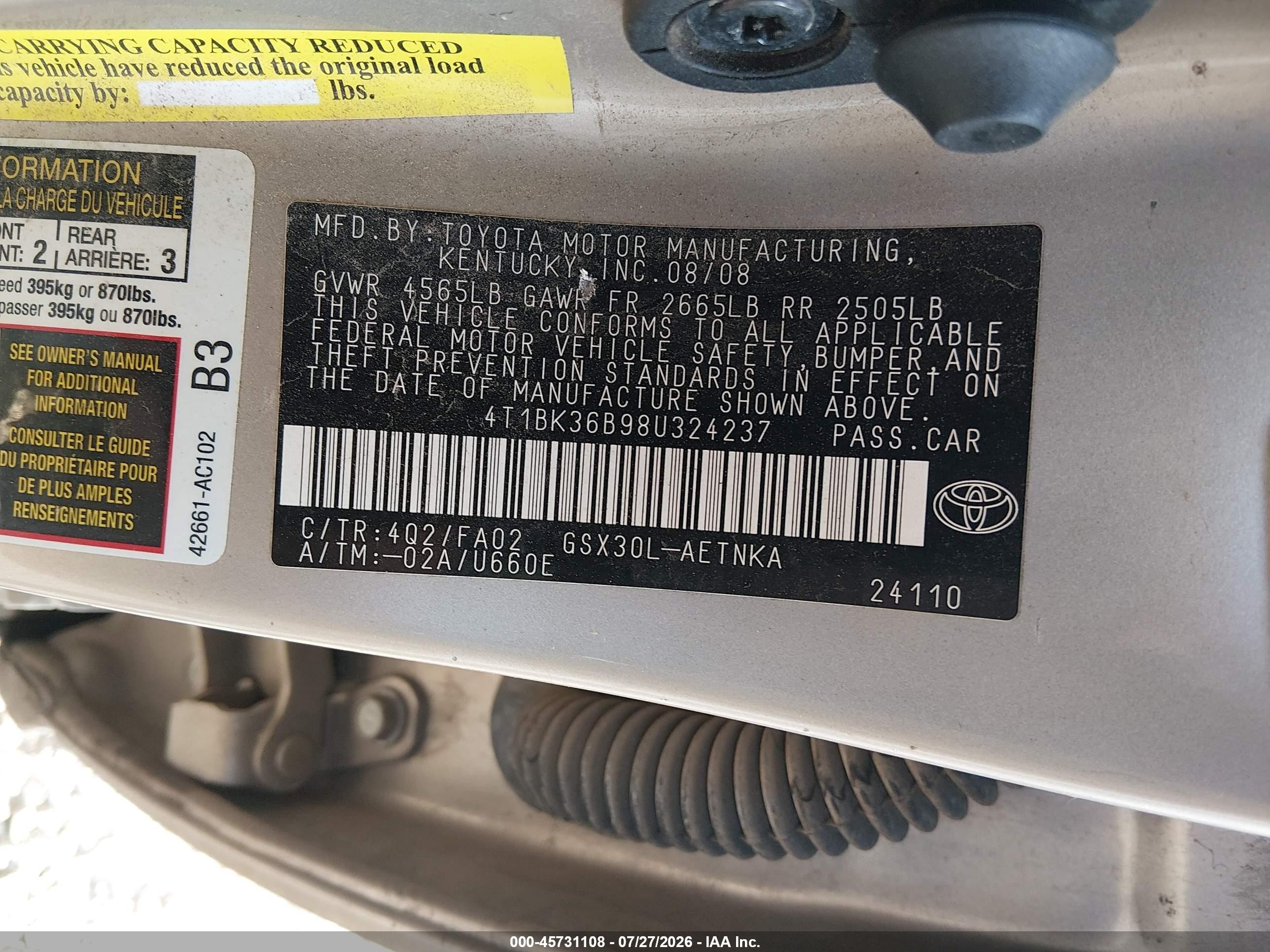 2008 Toyota Avalon Xl Champagne vin: 4T1BK36B98U324237