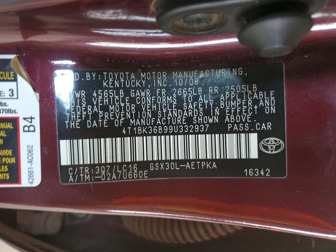 2009 Toyota Avalon Limited Темно-бордовый vin: 4T1BK36B99U332937