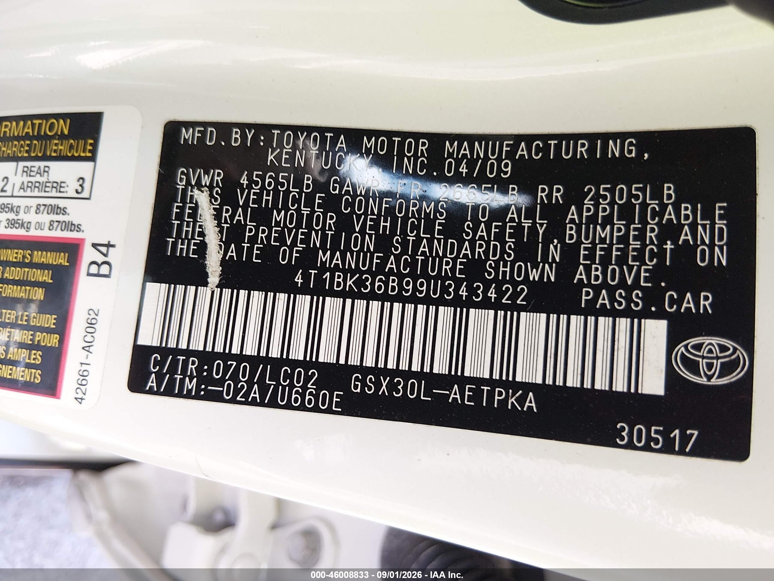 2009 Toyota Avalon Limited White vin: 4T1BK36B99U343422