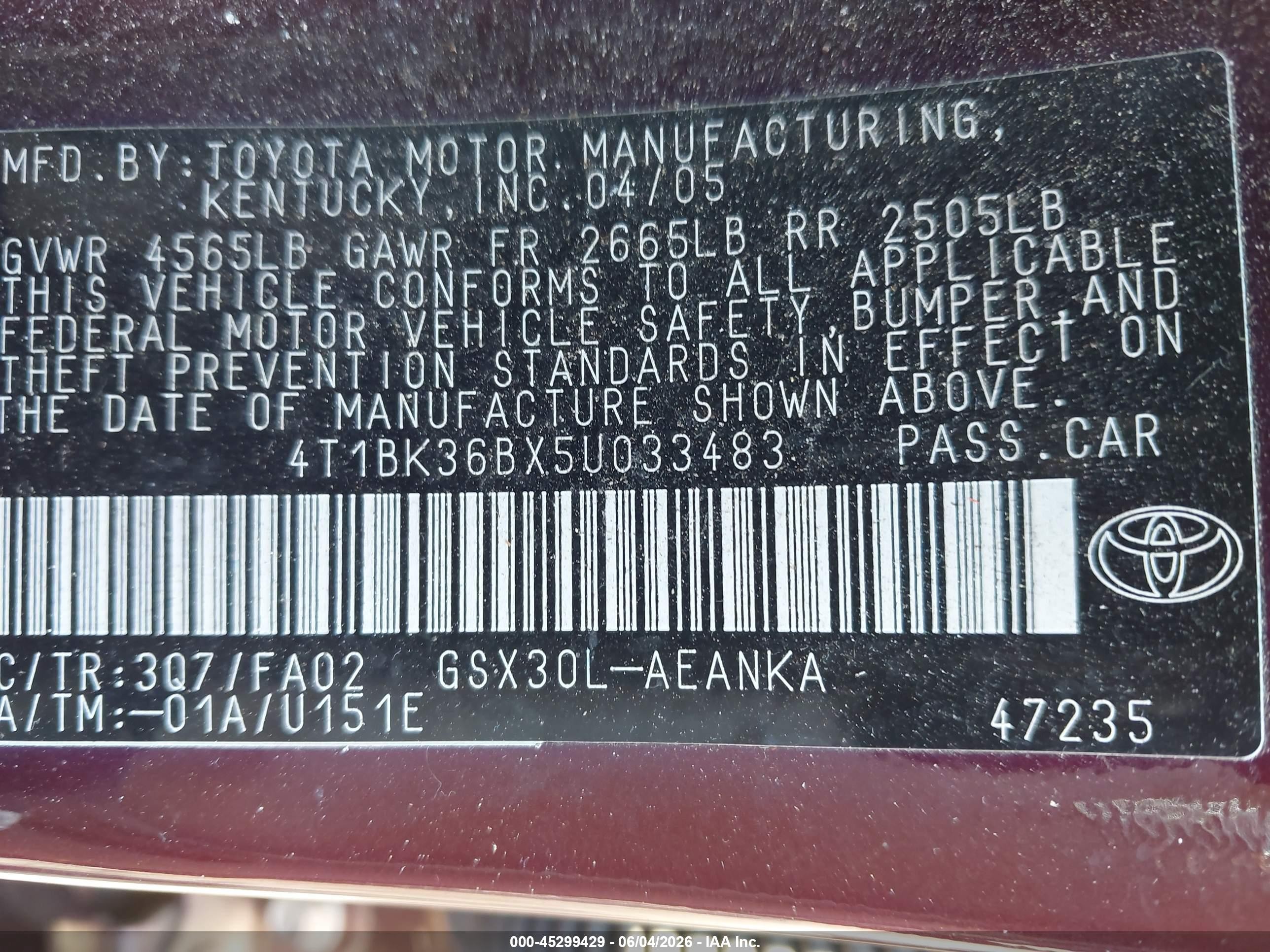2005 Toyota Avalon Xl Red vin: 4T1BK36BX5U033483