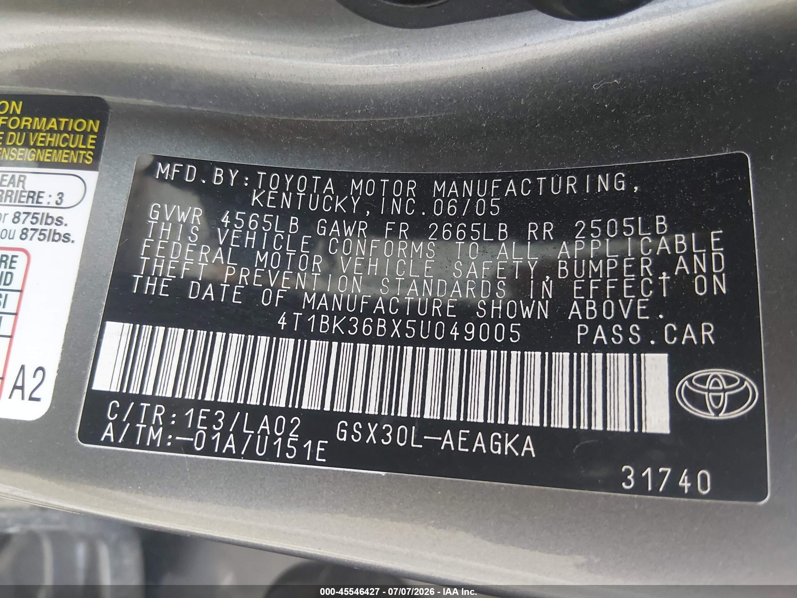 2005 Toyota Avalon Xls Gray vin: 4T1BK36BX5U049005