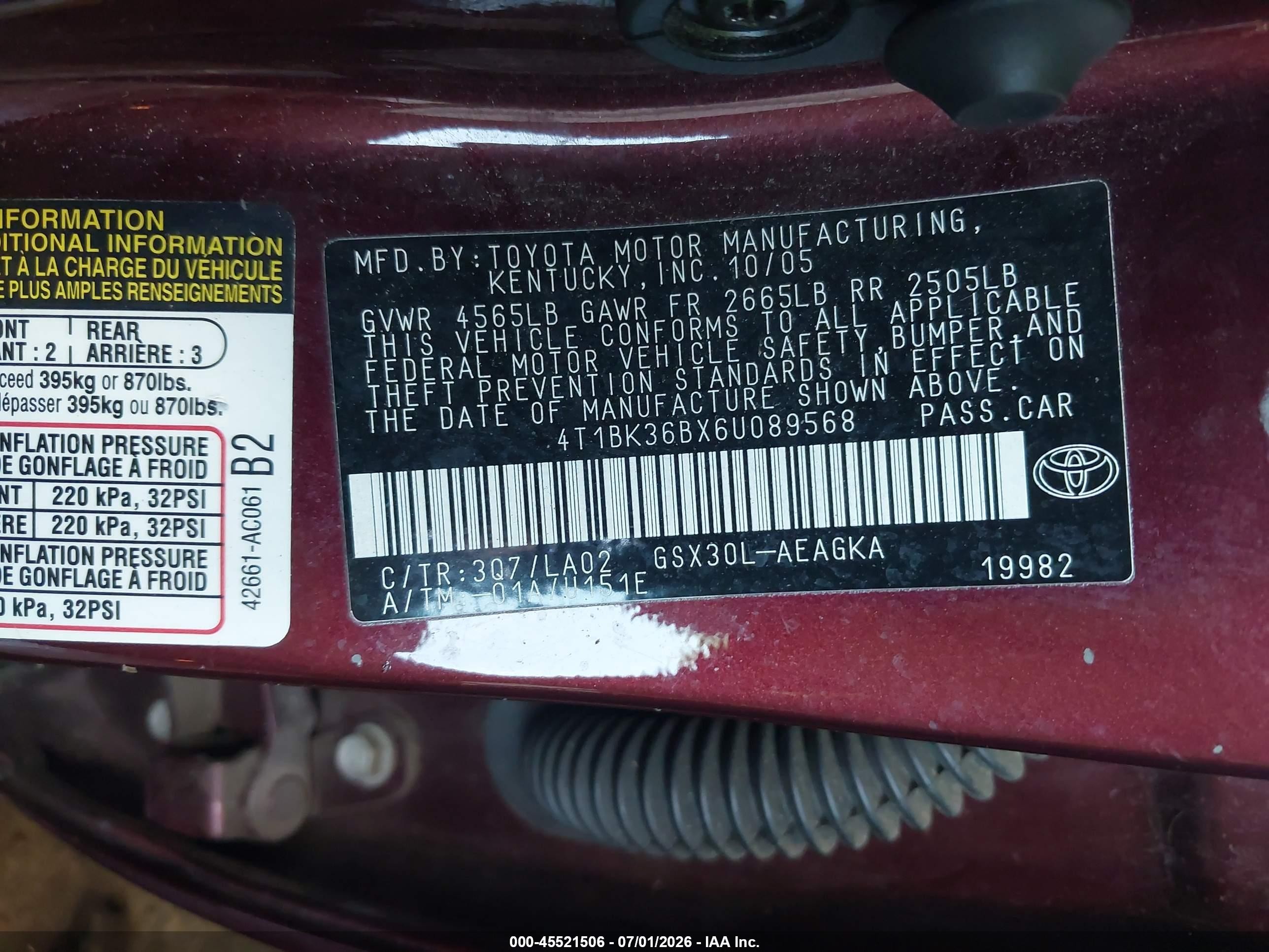 2006 Toyota Avalon Xls Burgundy vin: 4T1BK36BX6U089568