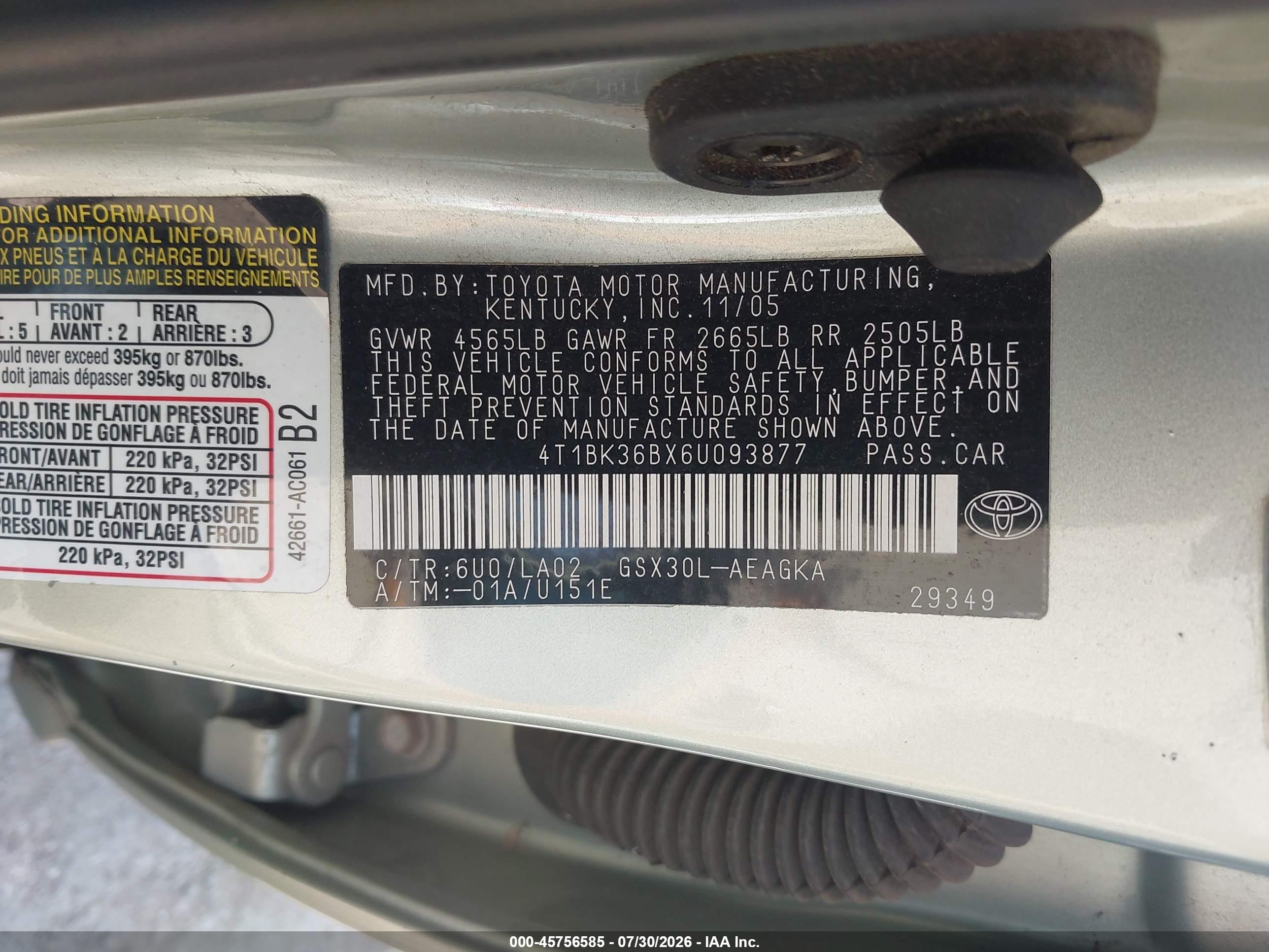 2006 Toyota Avalon Xls Green vin: 4T1BK36BX6U093877