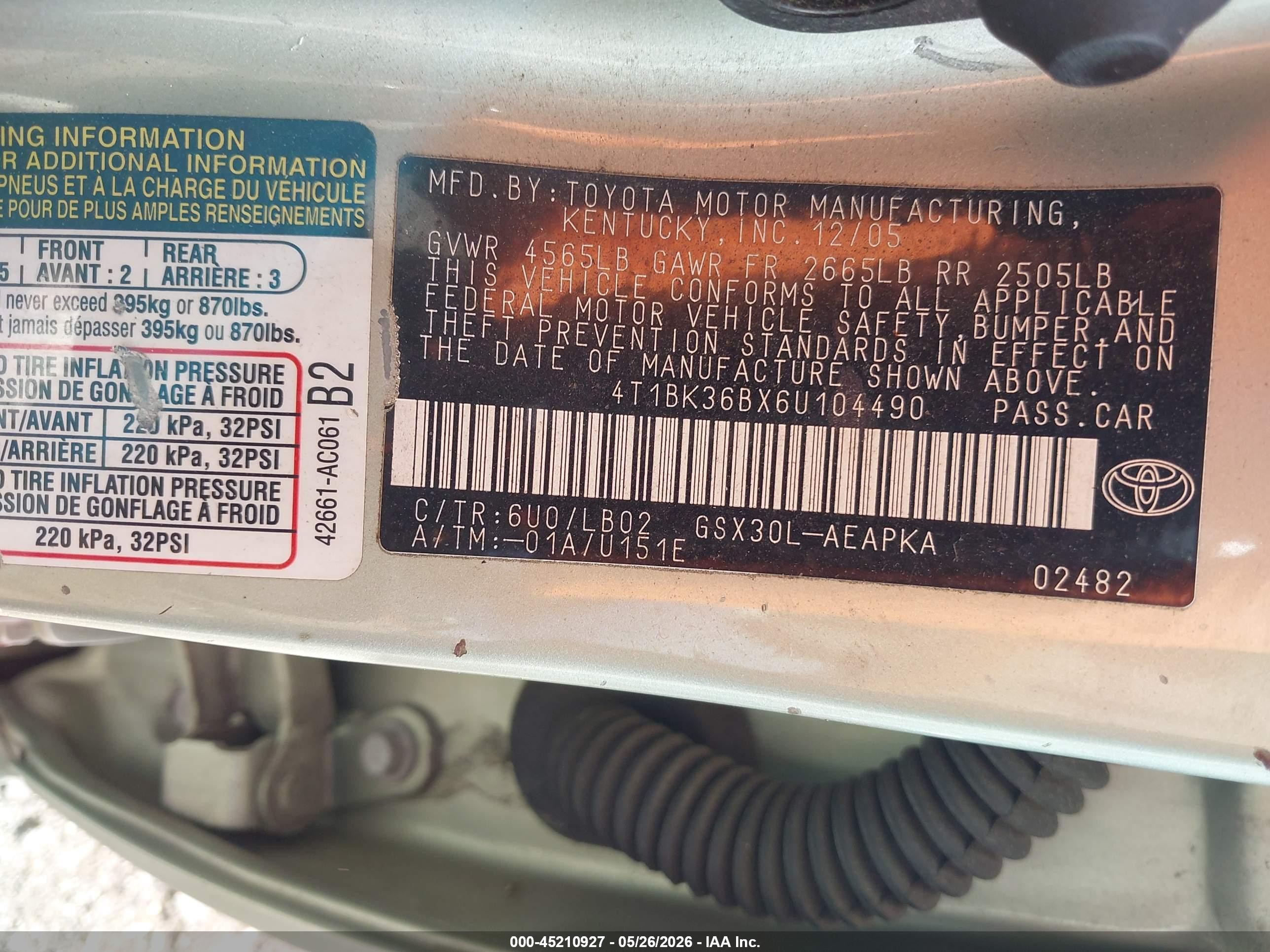 2006 Toyota Avalon Limited Teal vin: 4T1BK36BX6U104490