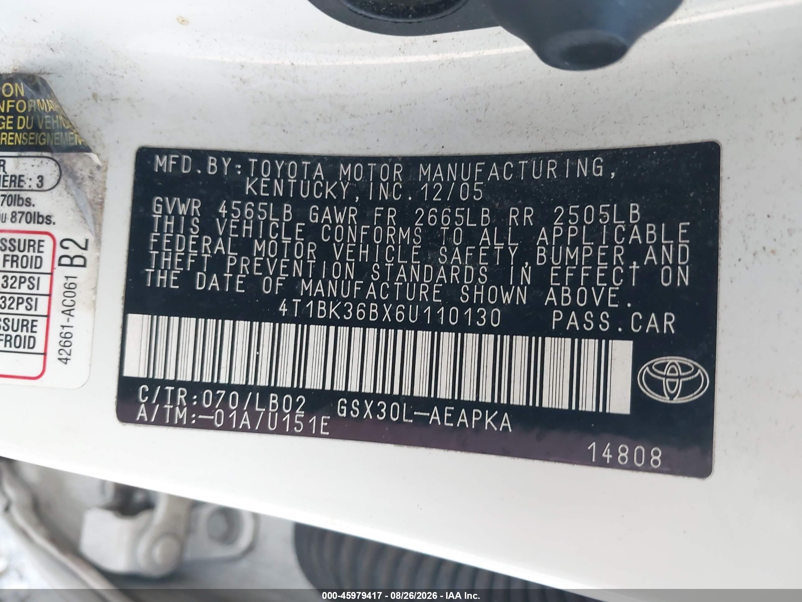 2006 Toyota Avalon Limited White vin: 4T1BK36BX6U110130