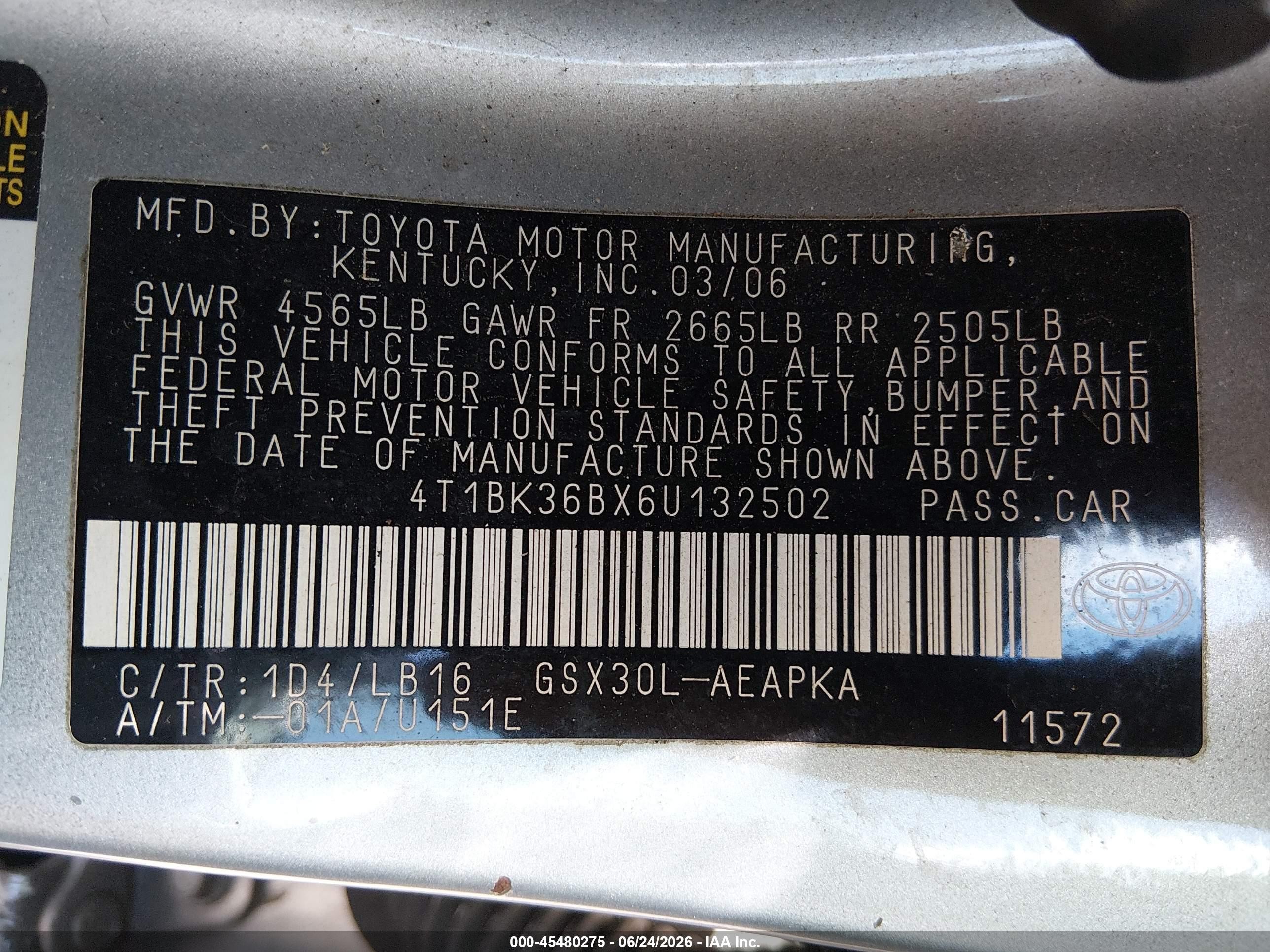 2006 Toyota Avalon Limited Silver vin: 4T1BK36BX6U132502