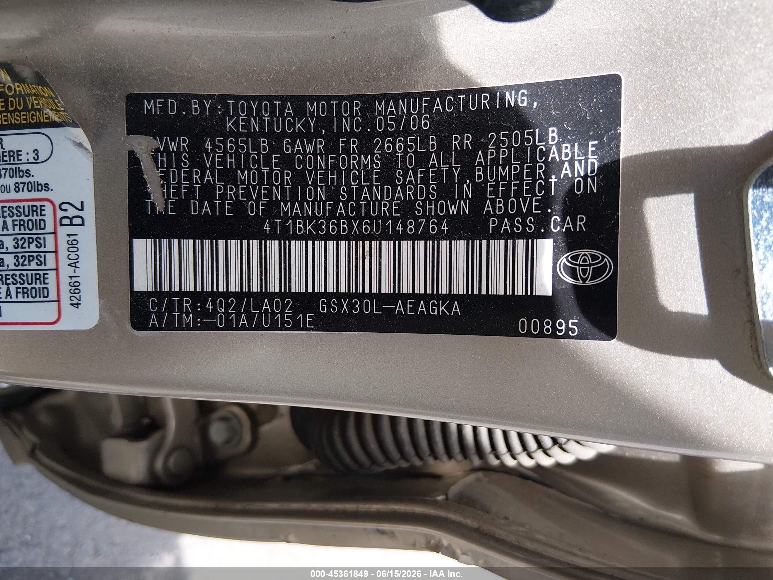 2006 Toyota Avalon Xls Gold vin: 4T1BK36BX6U148764