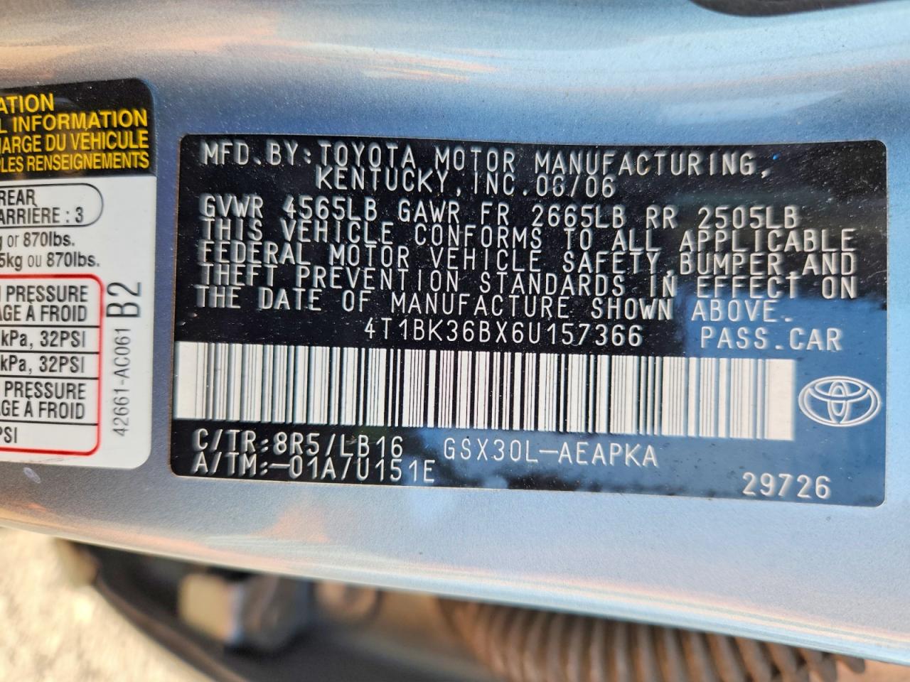 2006 Toyota Avalon Limited Blue vin: 4T1BK36BX6U157366