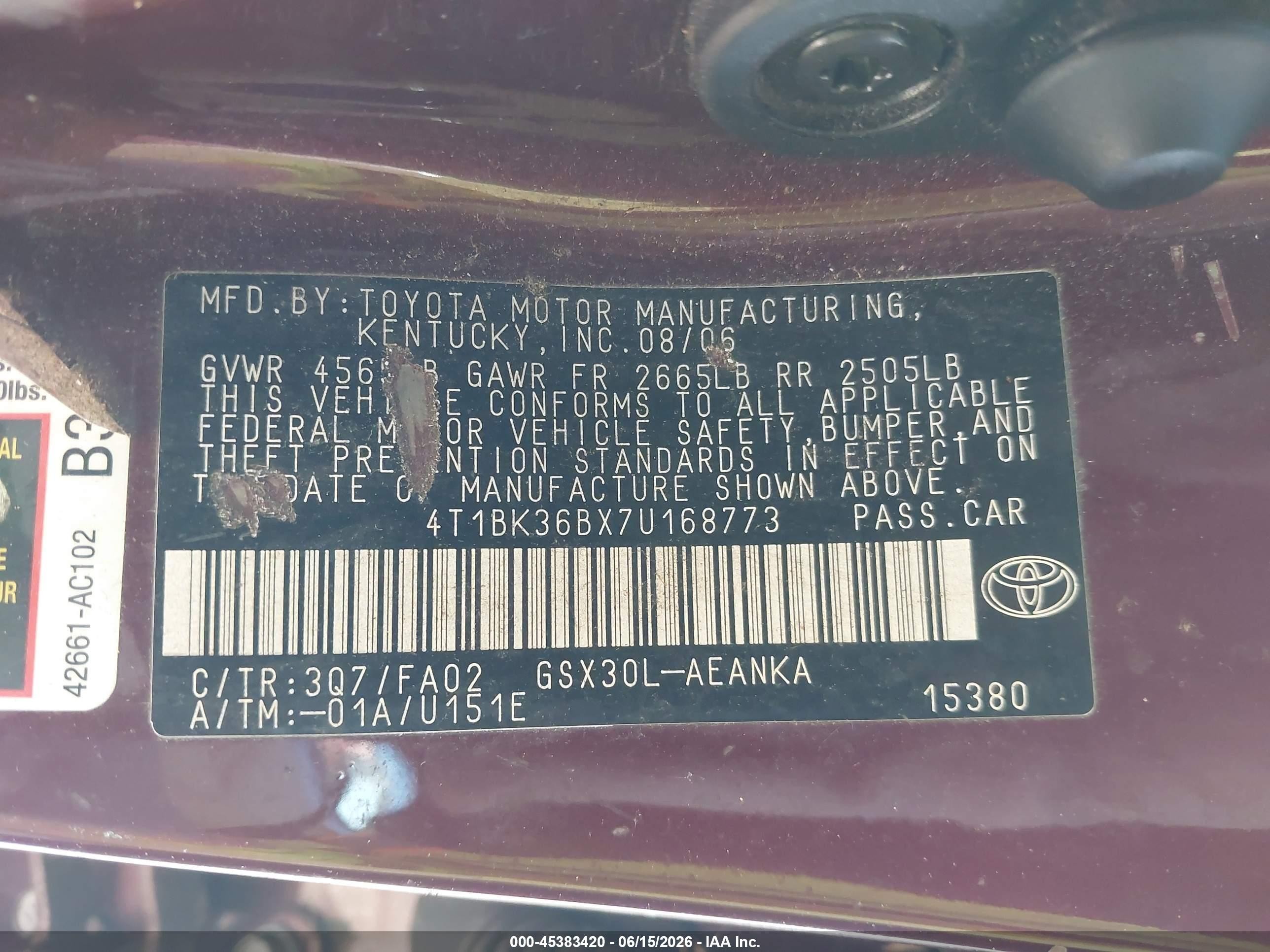 2007 Toyota Avalon Xl Бордовый vin: 4T1BK36BX7U168773