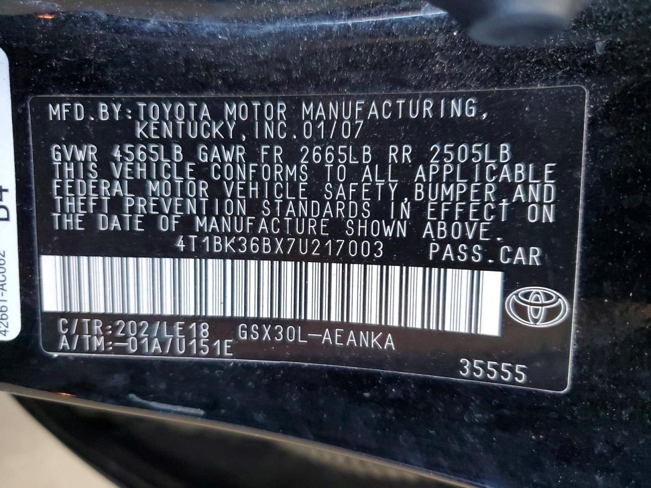 2007 Toyota Avalon Touring Black vin: 4T1BK36BX7U217003