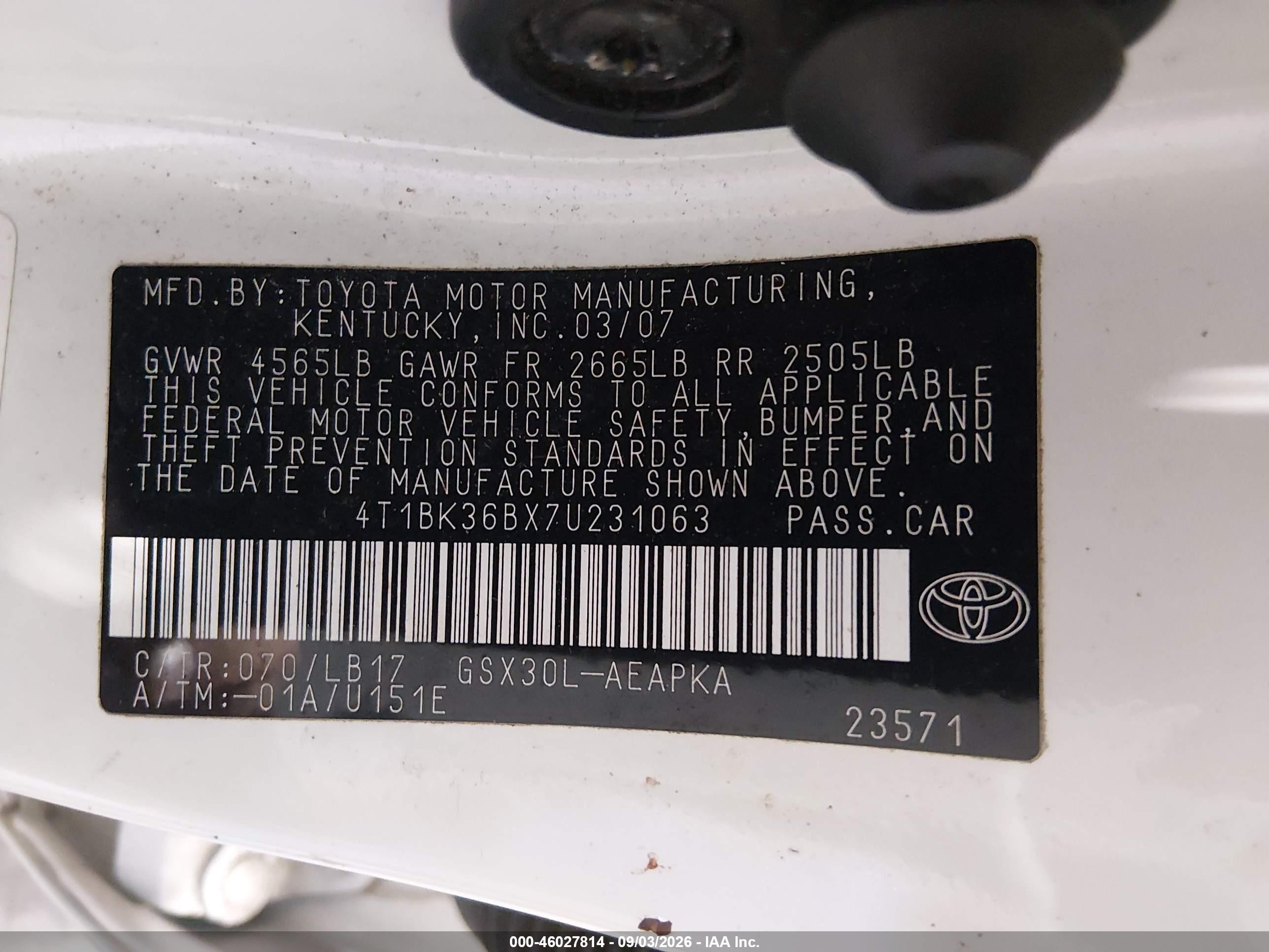 2007 Toyota Avalon Xl/xls/touring/limited Белый vin: 4T1BK36BX7U231063