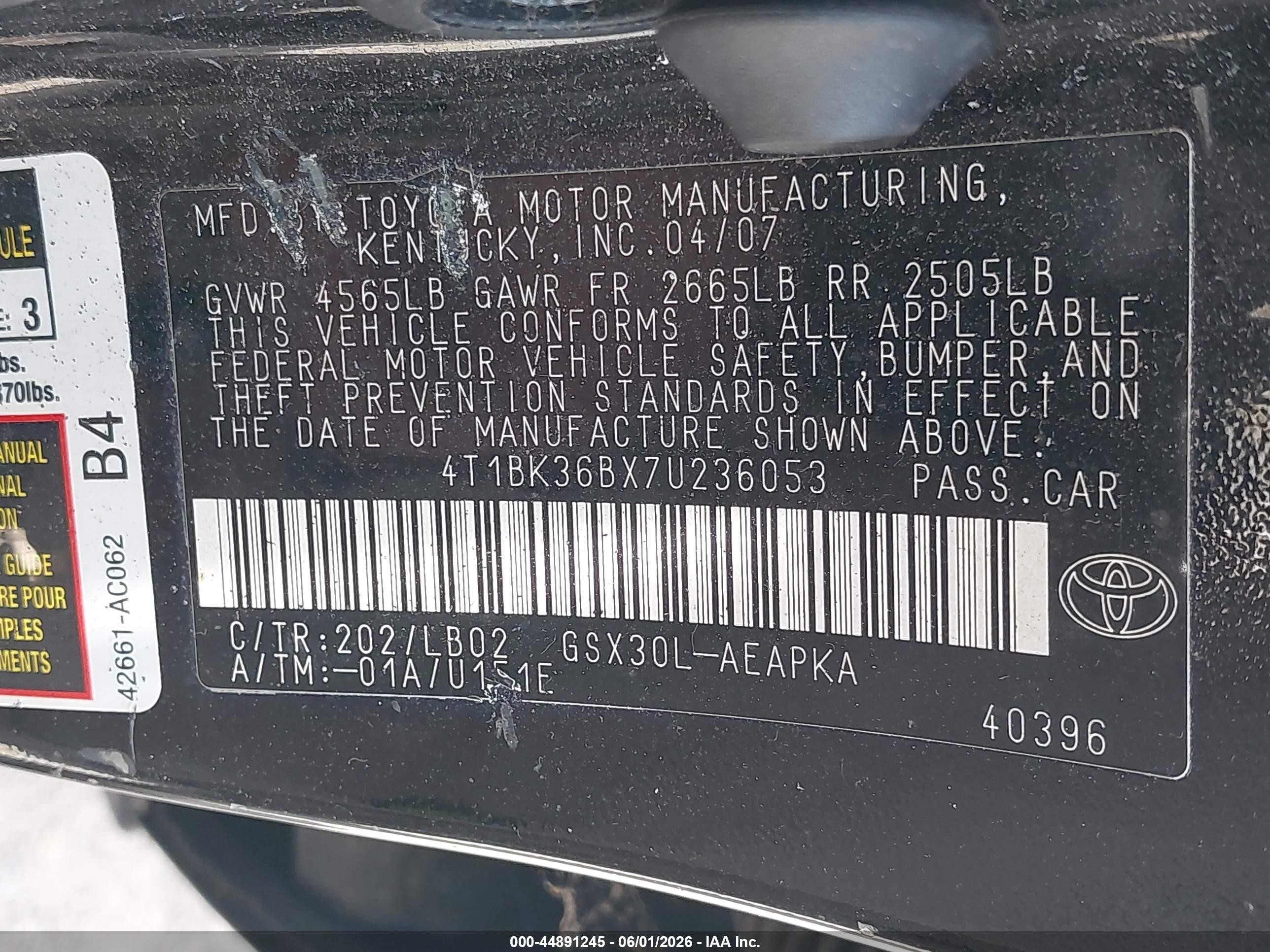 2007 Toyota Avalon Limited Black vin: 4T1BK36BX7U236053