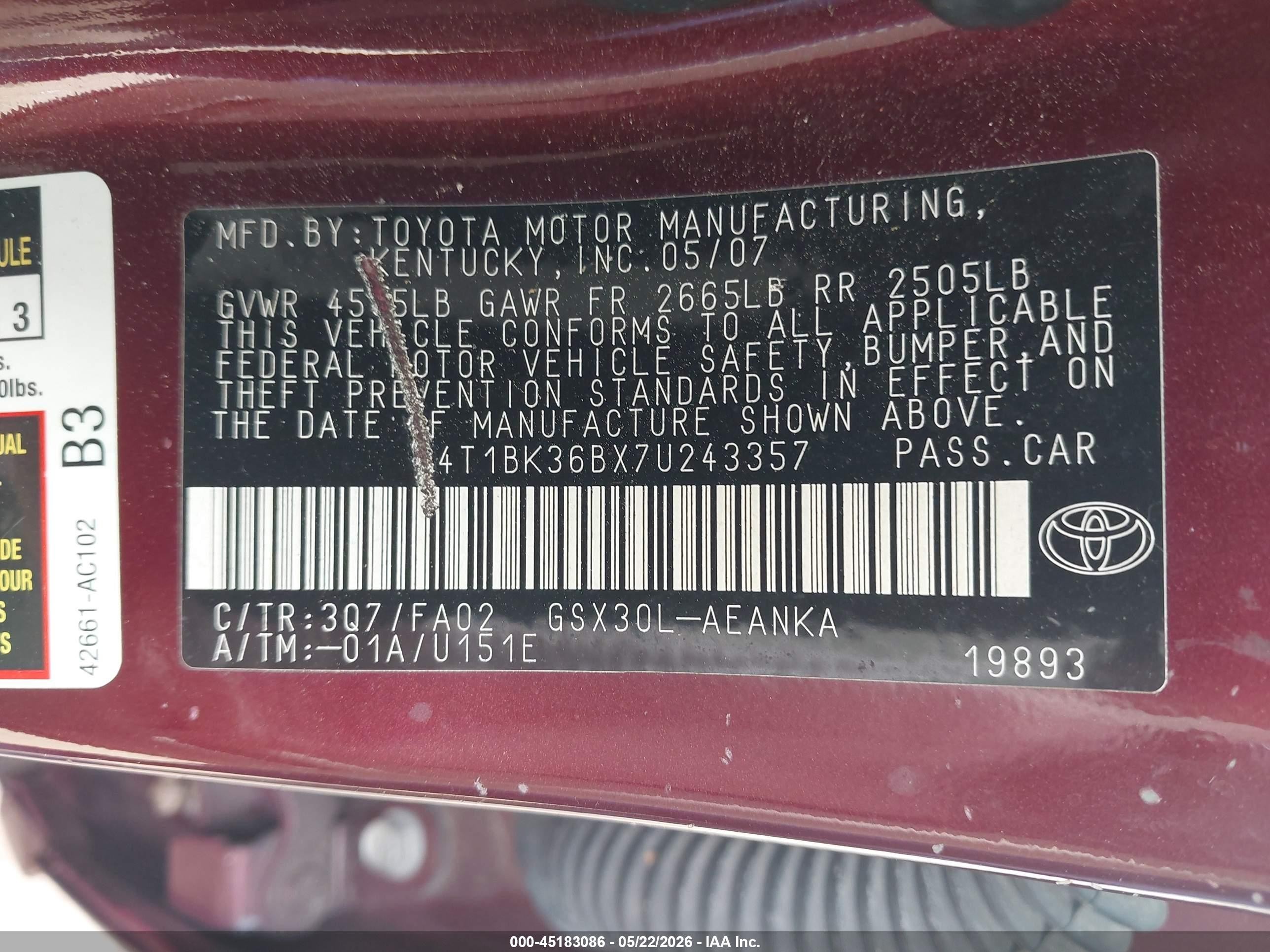 2007 Toyota Avalon Xl Burgundy vin: 4T1BK36BX7U243357