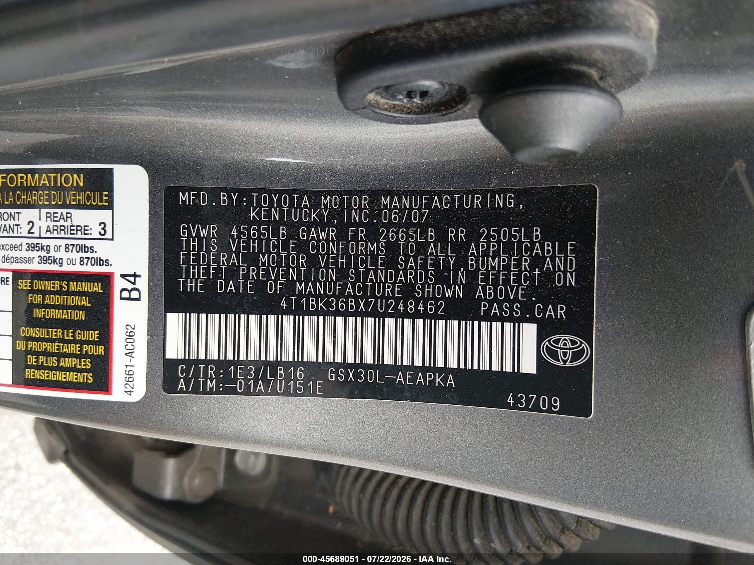 2007 Toyota Avalon Limited Gray vin: 4T1BK36BX7U248462