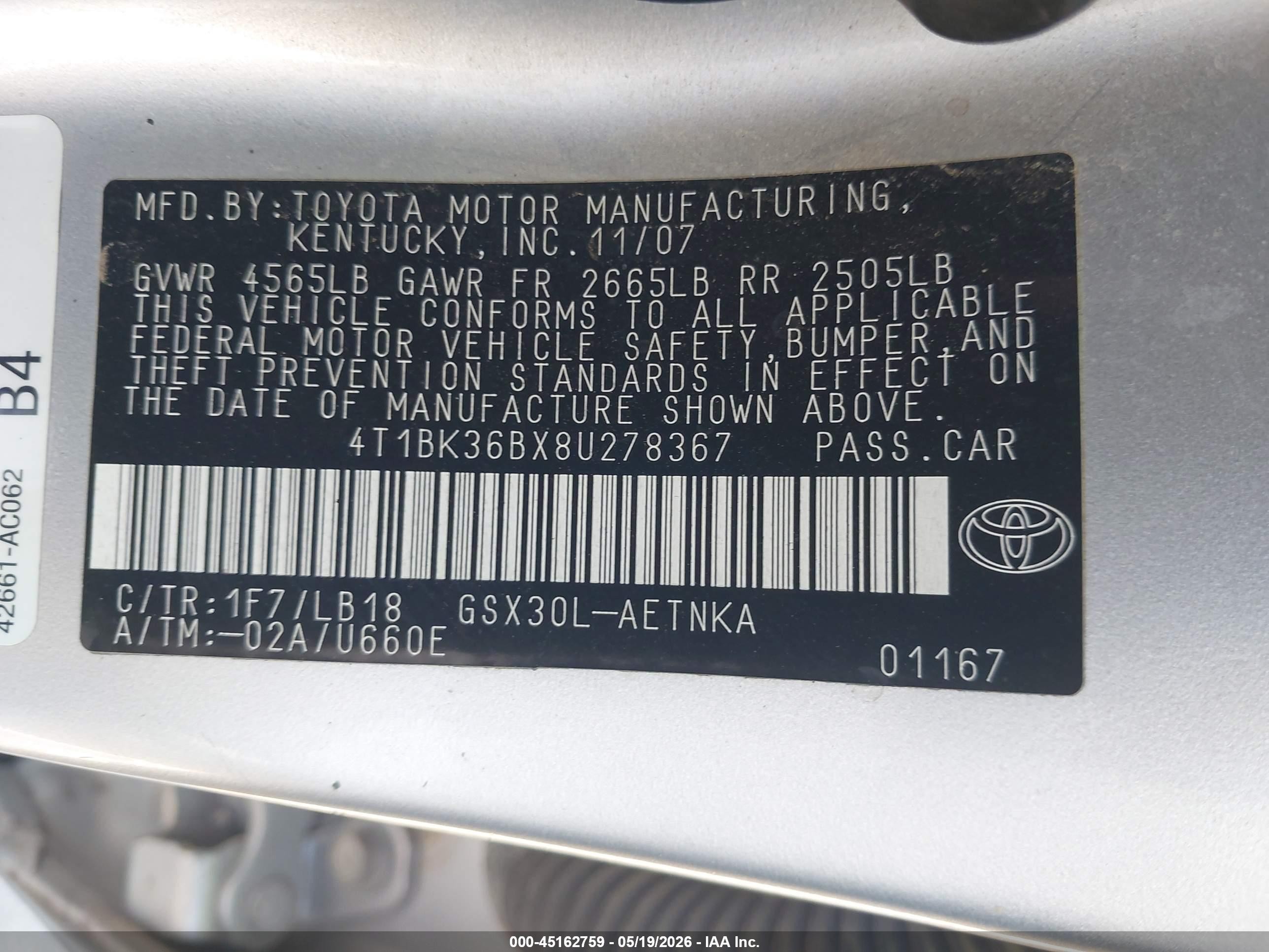 2008 Toyota Avalon Touring Серебряный vin: 4T1BK36BX8U278367