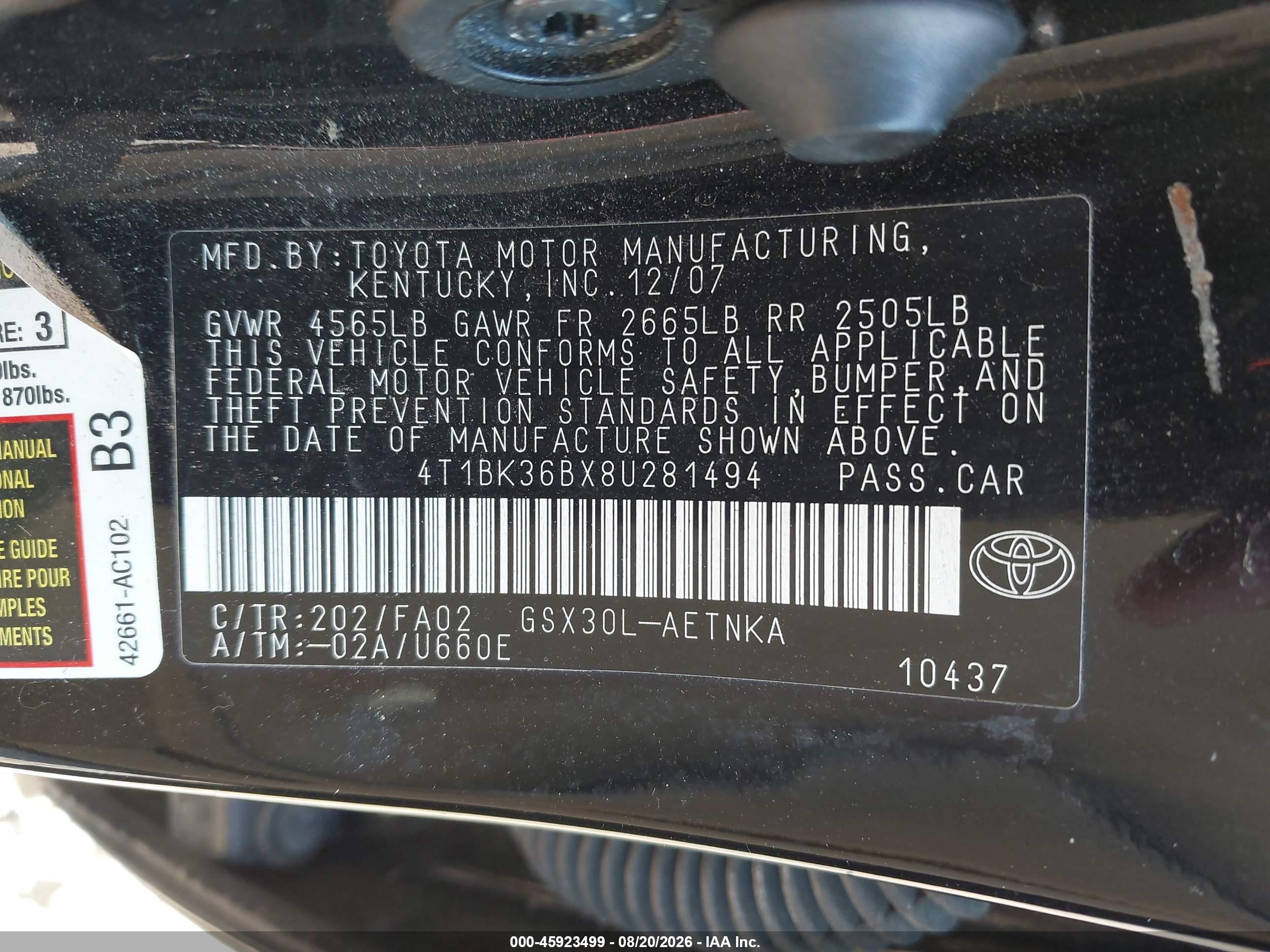 2008 Toyota Avalon Xl Black vin: 4T1BK36BX8U281494