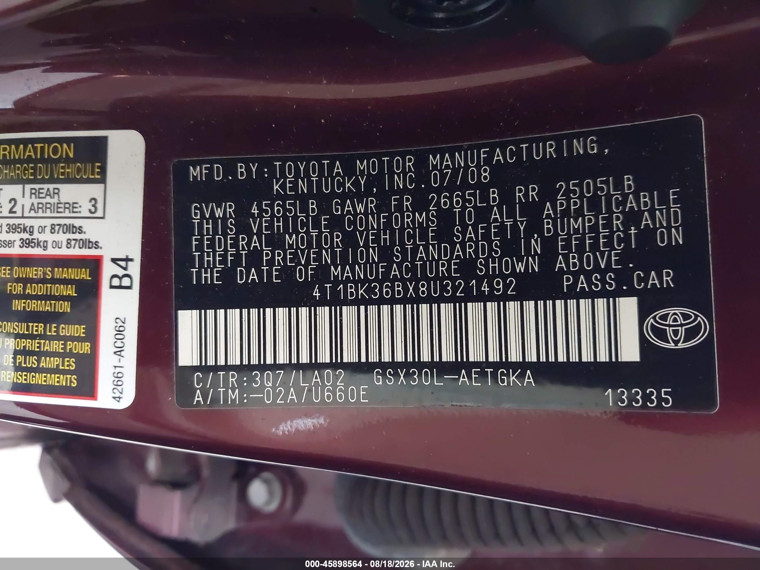 2008 Toyota Avalon Xls Maroon vin: 4T1BK36BX8U321492