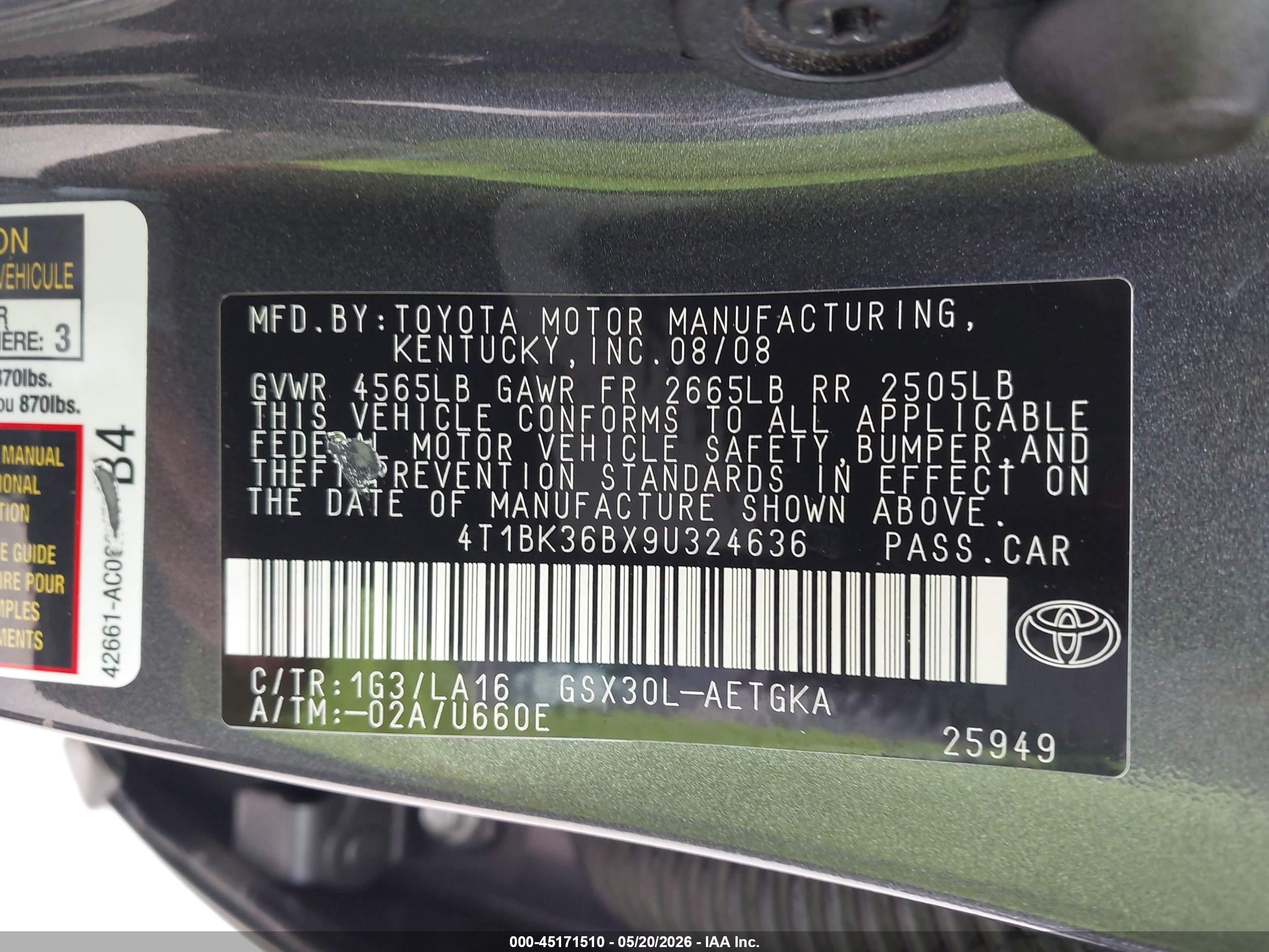 2009 Toyota Avalon Xls Gray vin: 4T1BK36BX9U324636
