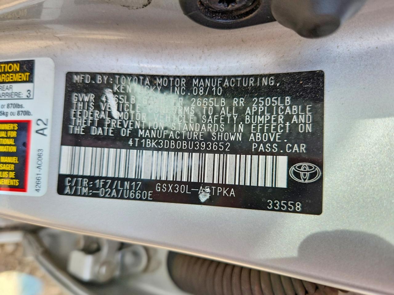 2011 Toyota Avalon Limited Silver vin: 4T1BK3DB0BU393652