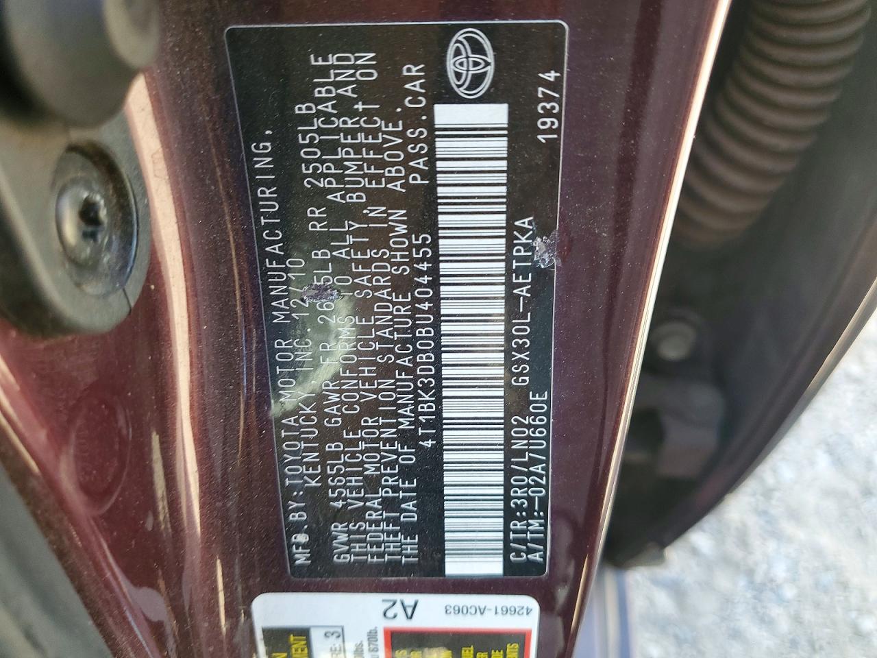 2011 Toyota Avalon Limited Темно-бордовый vin: 4T1BK3DB0BU404455