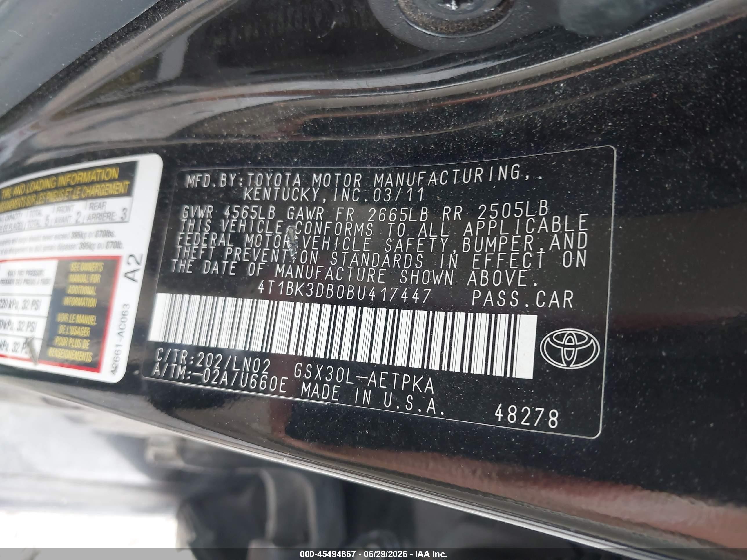 2011 Toyota Avalon Limited Black vin: 4T1BK3DB0BU417447