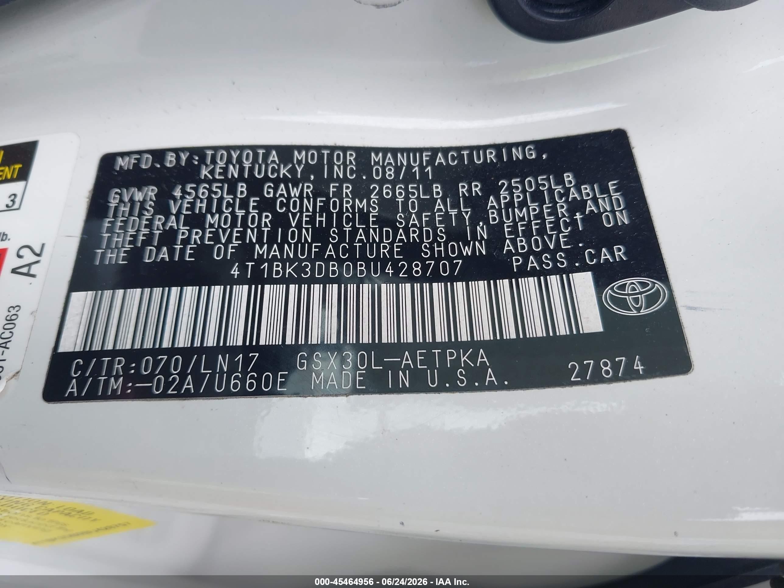 2011 Toyota Avalon Limited White vin: 4T1BK3DB0BU428707