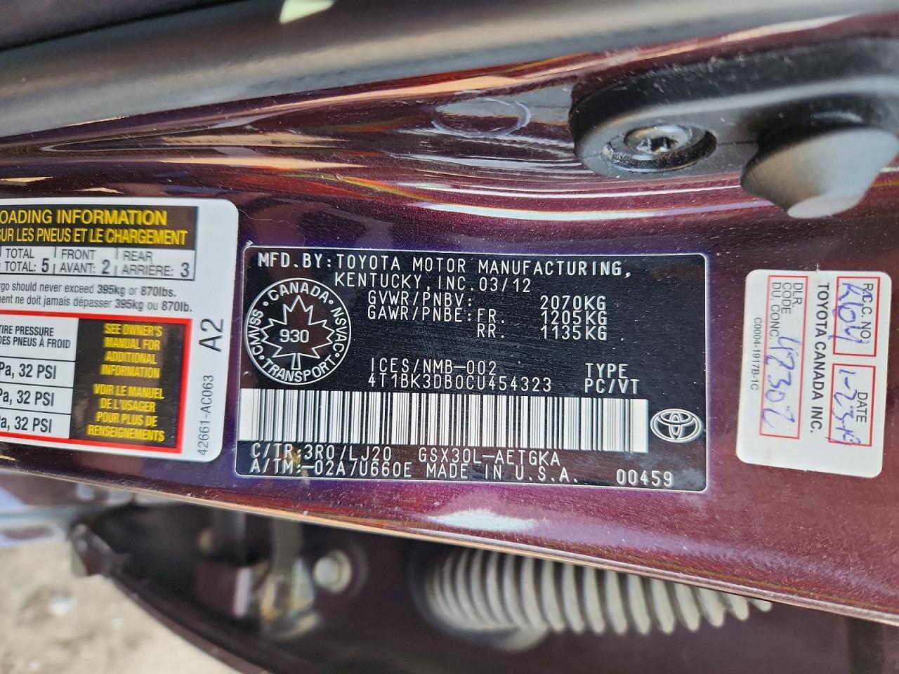 2012 Toyota Avalon Base Red vin: 4T1BK3DB0CU454323