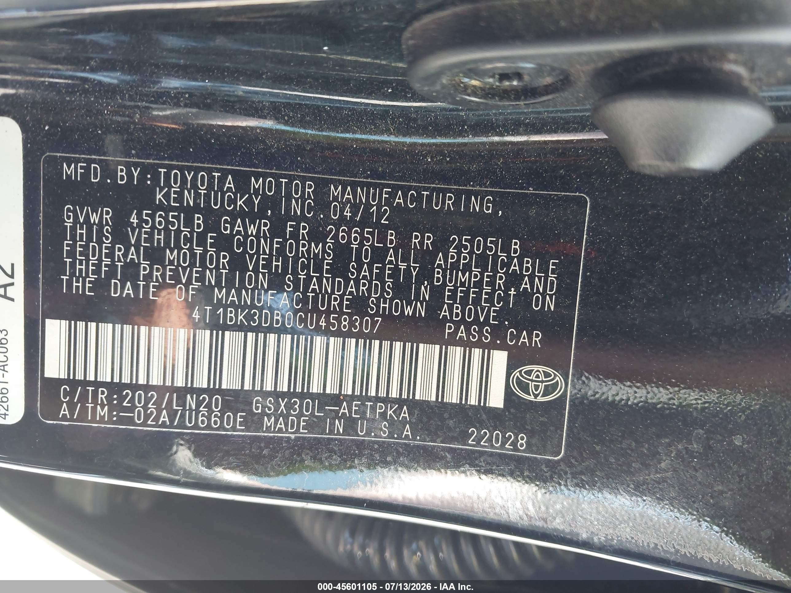 2012 Toyota Avalon Limited Черный vin: 4T1BK3DB0CU458307