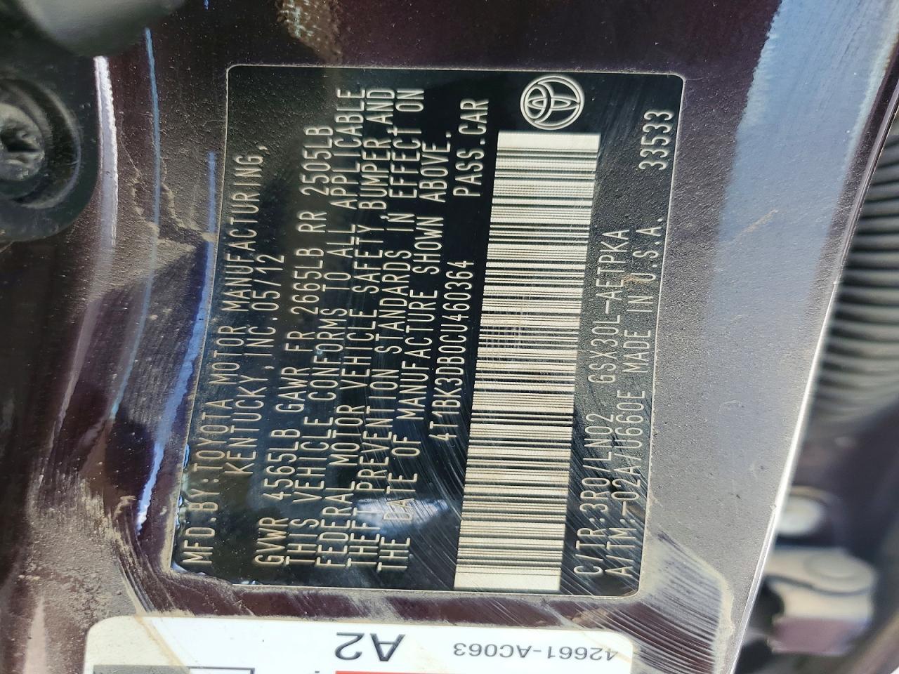 2012 Toyota Avalon Limited Бордовый vin: 4T1BK3DB0CU460364