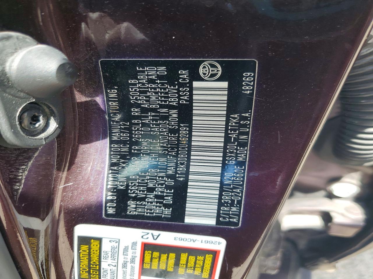 2012 Toyota Avalon Limited Burgundy vin: 4T1BK3DB0CU462891