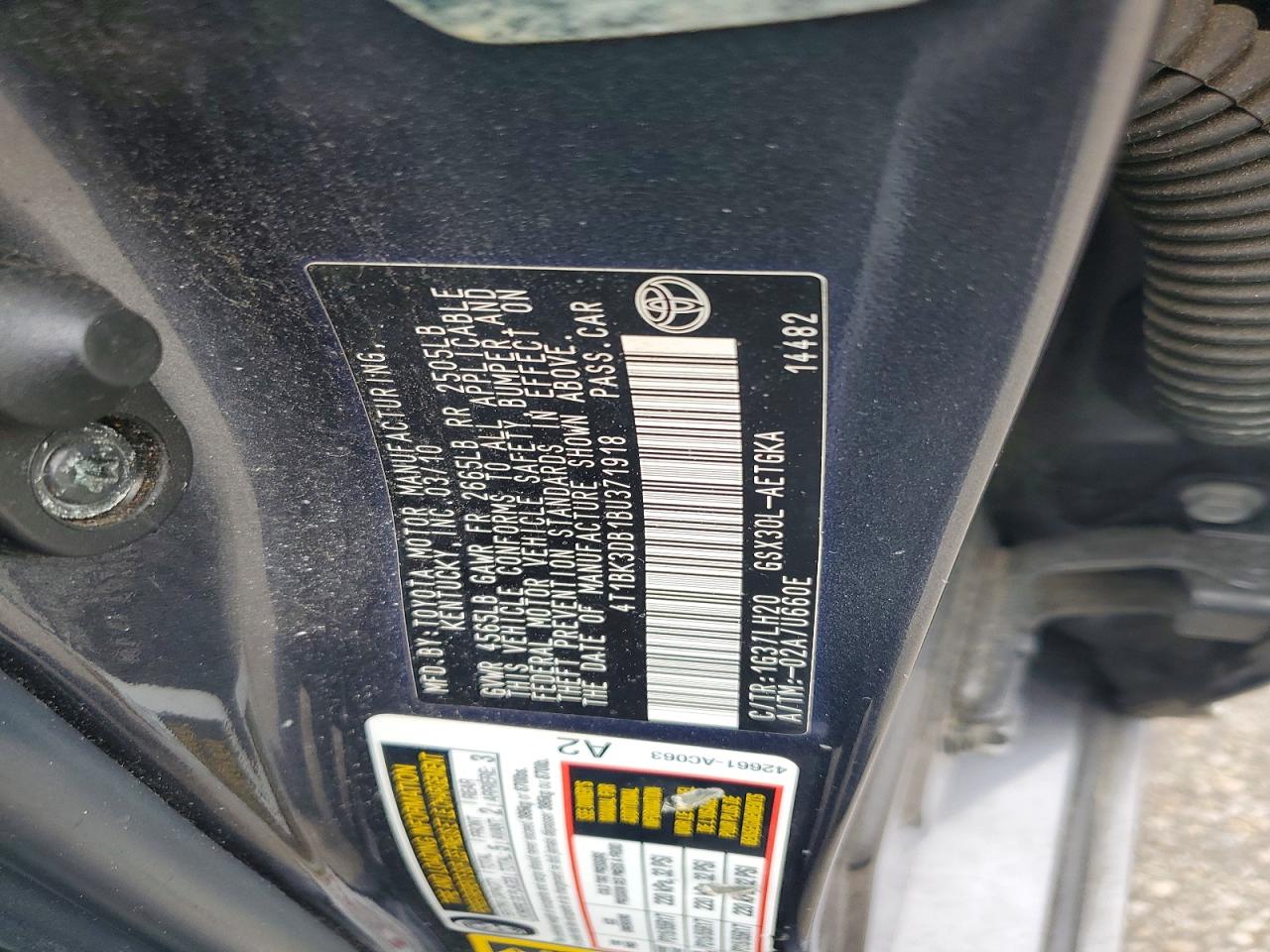 2011 Toyota Avalon Base Charcoal vin: 4T1BK3DB1BU371918