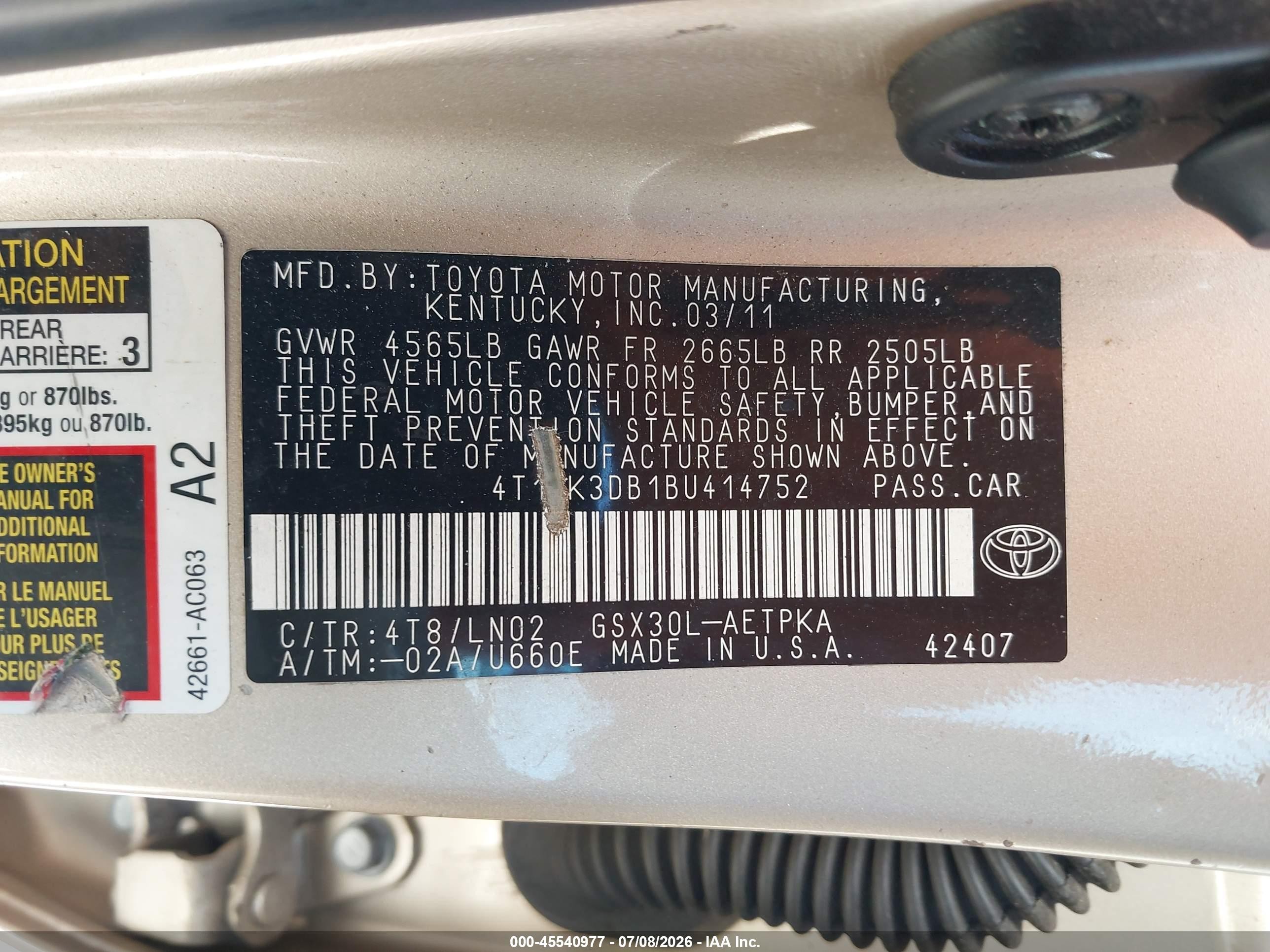2011 Toyota Avalon Limited Gold vin: 4T1BK3DB1BU414752