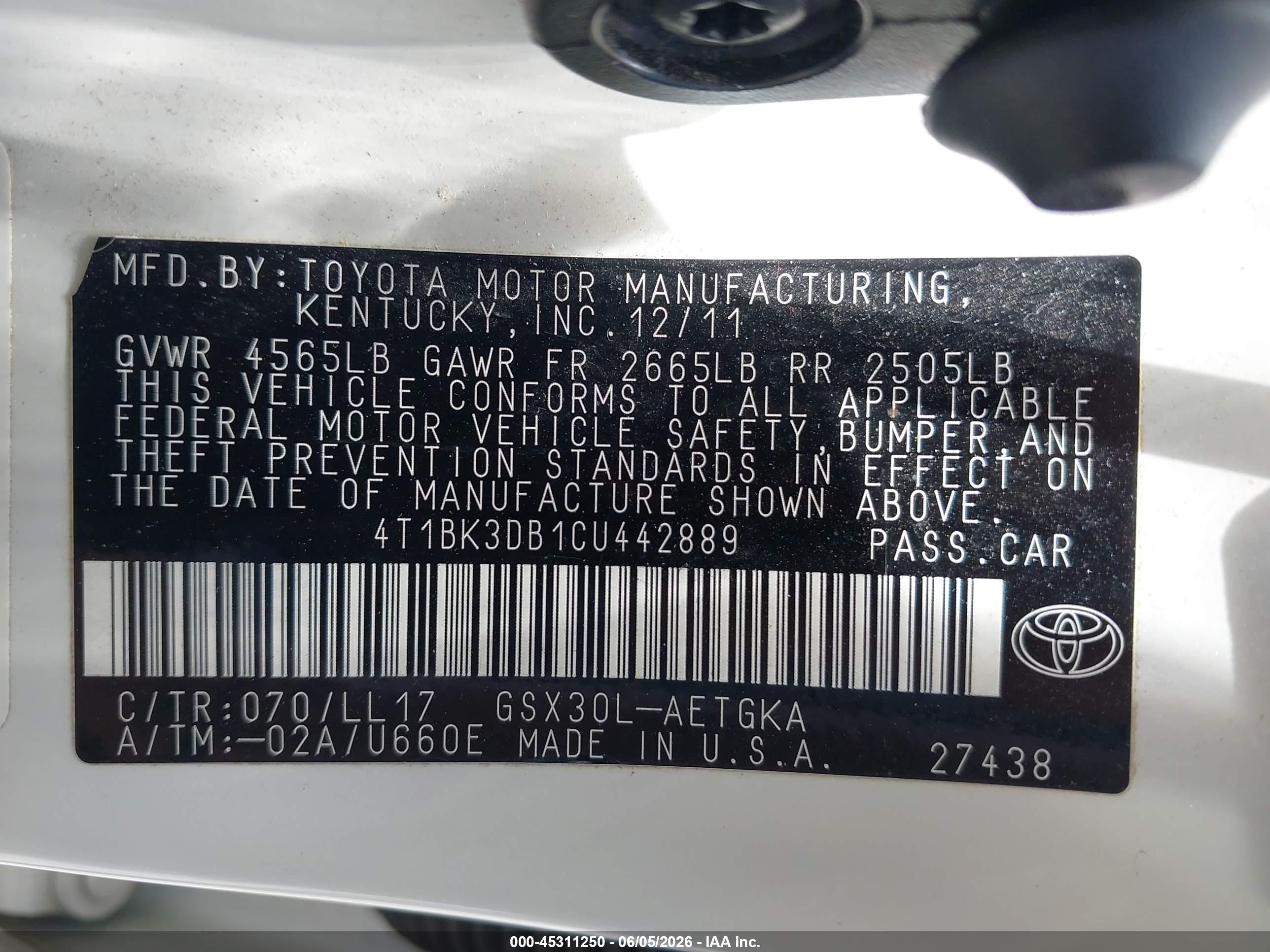 2012 Toyota Avalon   White vin: 4T1BK3DB1CU442889