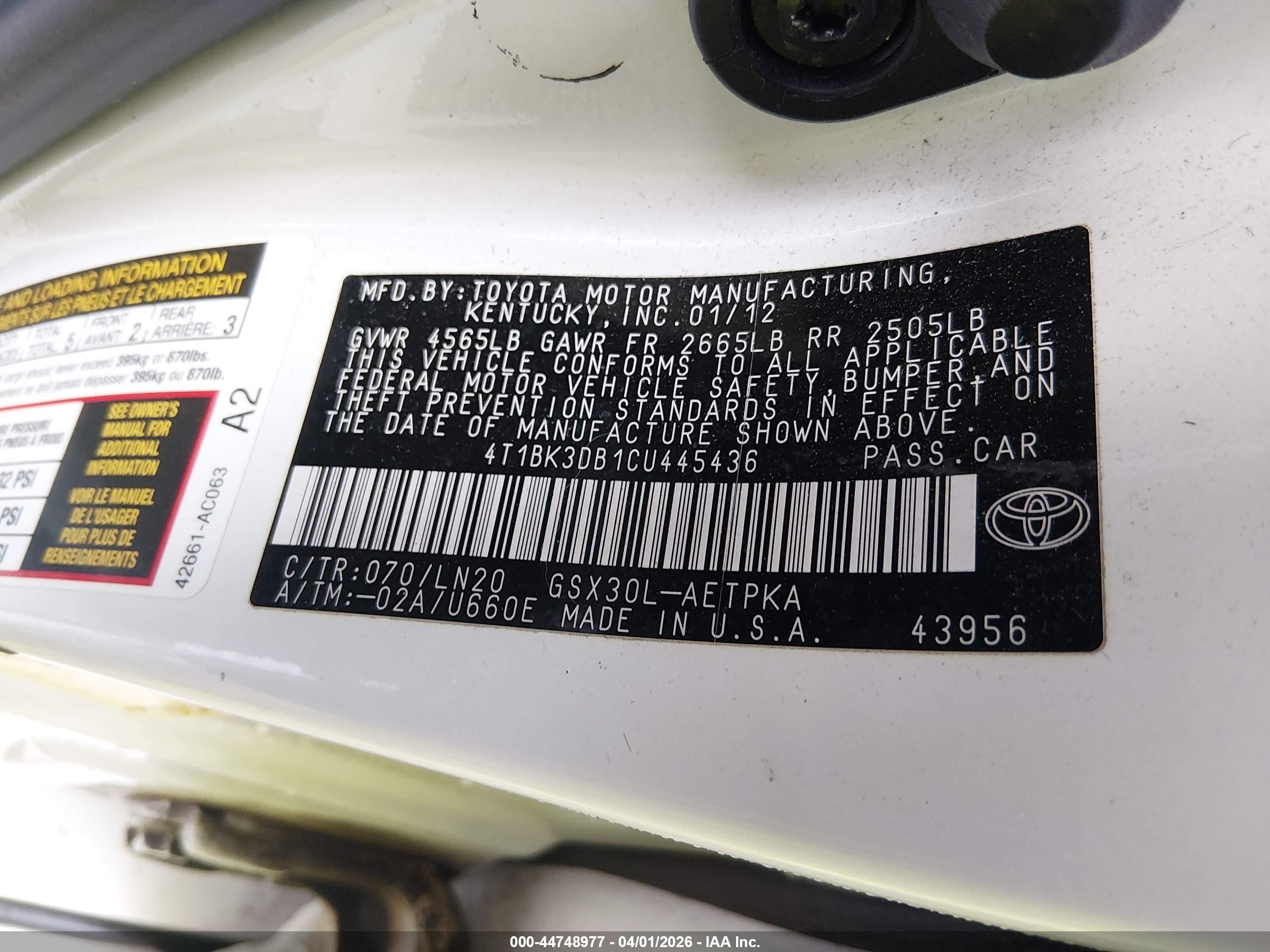 2012 Toyota Avalon Limited White vin: 4T1BK3DB1CU445436